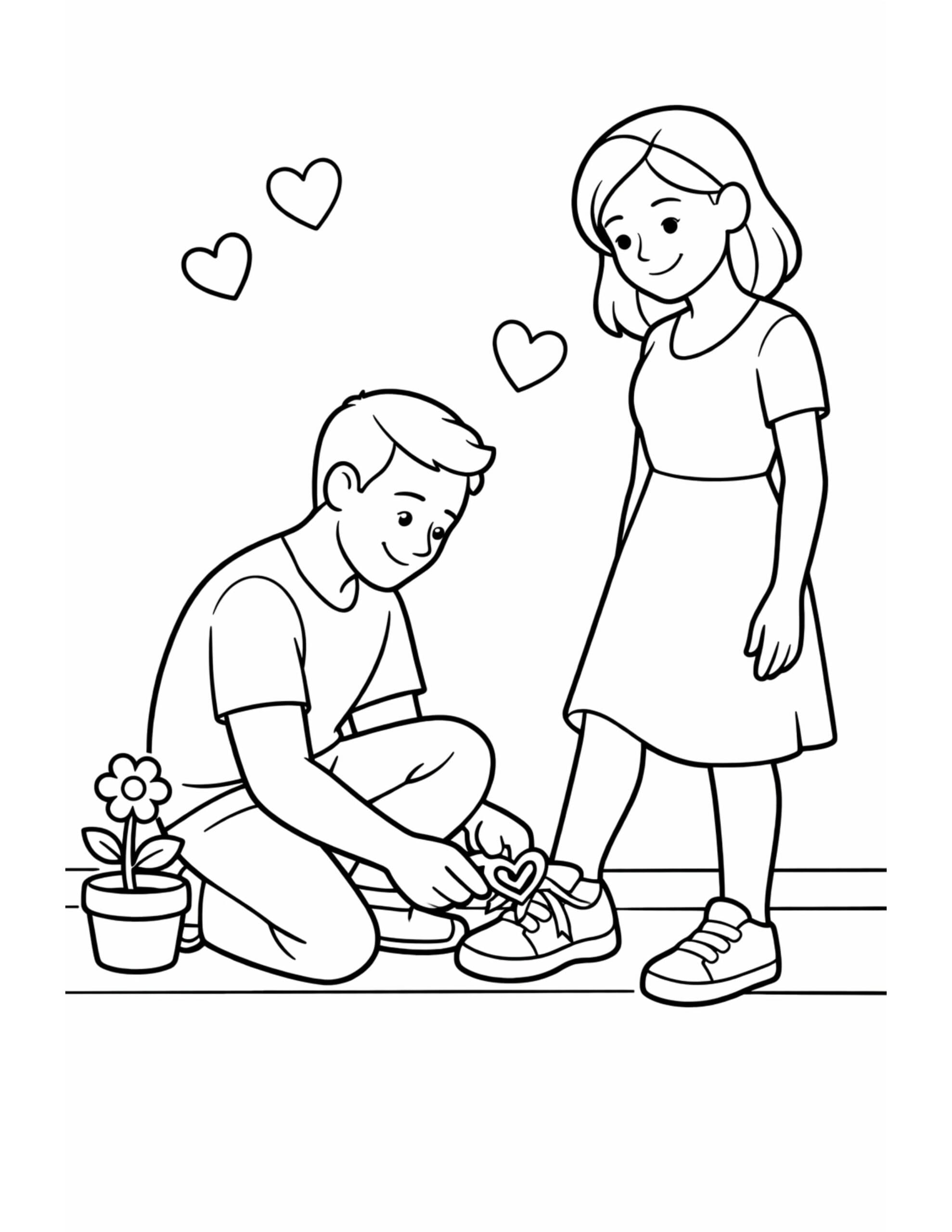 boy tying shoelace for girl coloring page with a kneeling boy, smiling girl, floating hearts, and a small potted flower coloring page