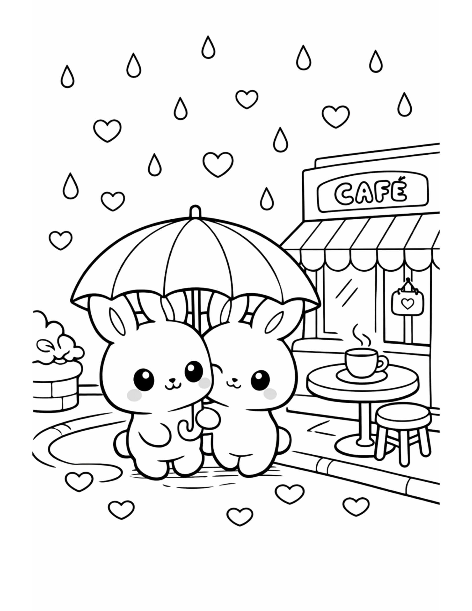 bunnies under umbrella cafe date coloring page, two cute rabbits sharing an umbrella outside a cafe, heart rain coloring page