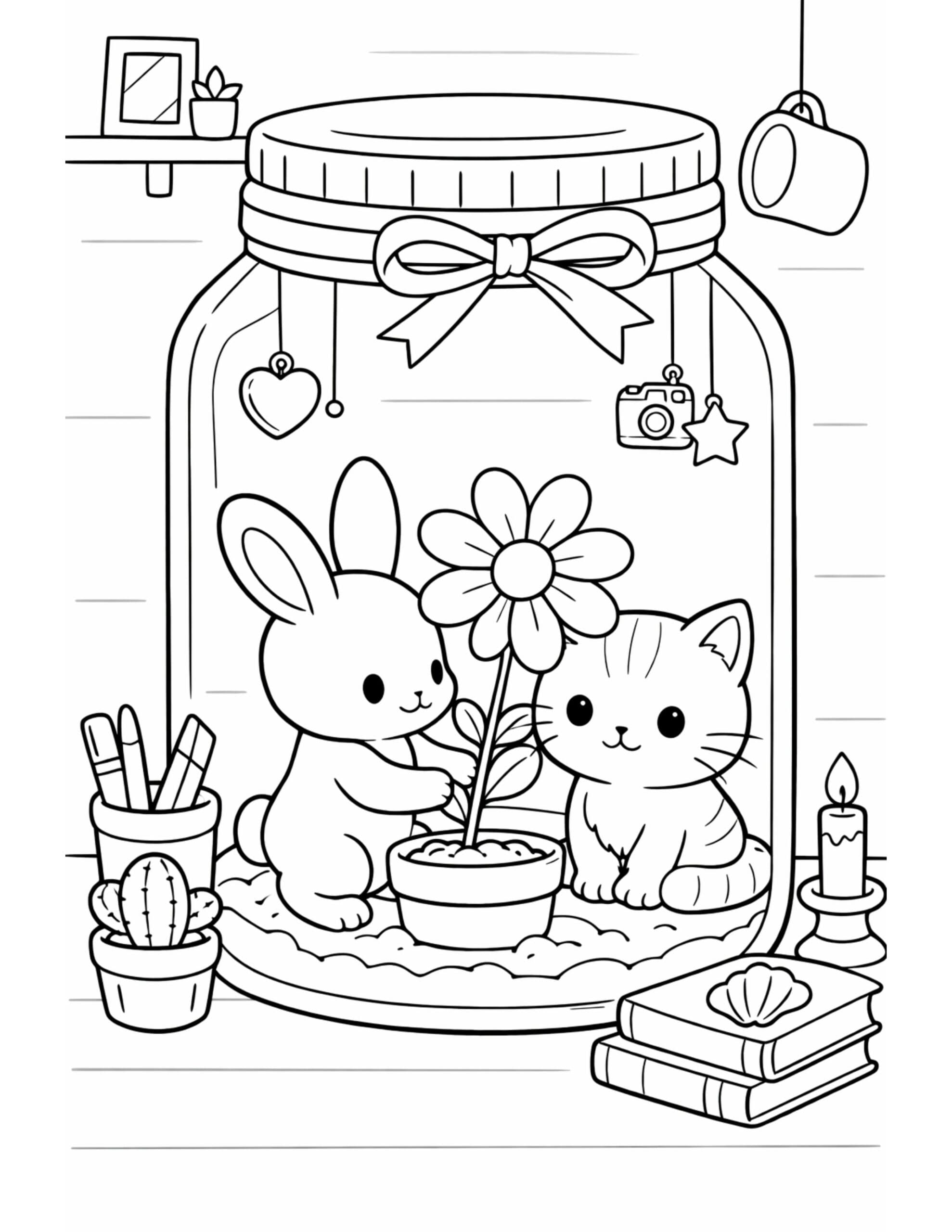 bunny and kitten terrarium coloring page in a ribbon tied mason jar with a potted flower and tiny hanging charms