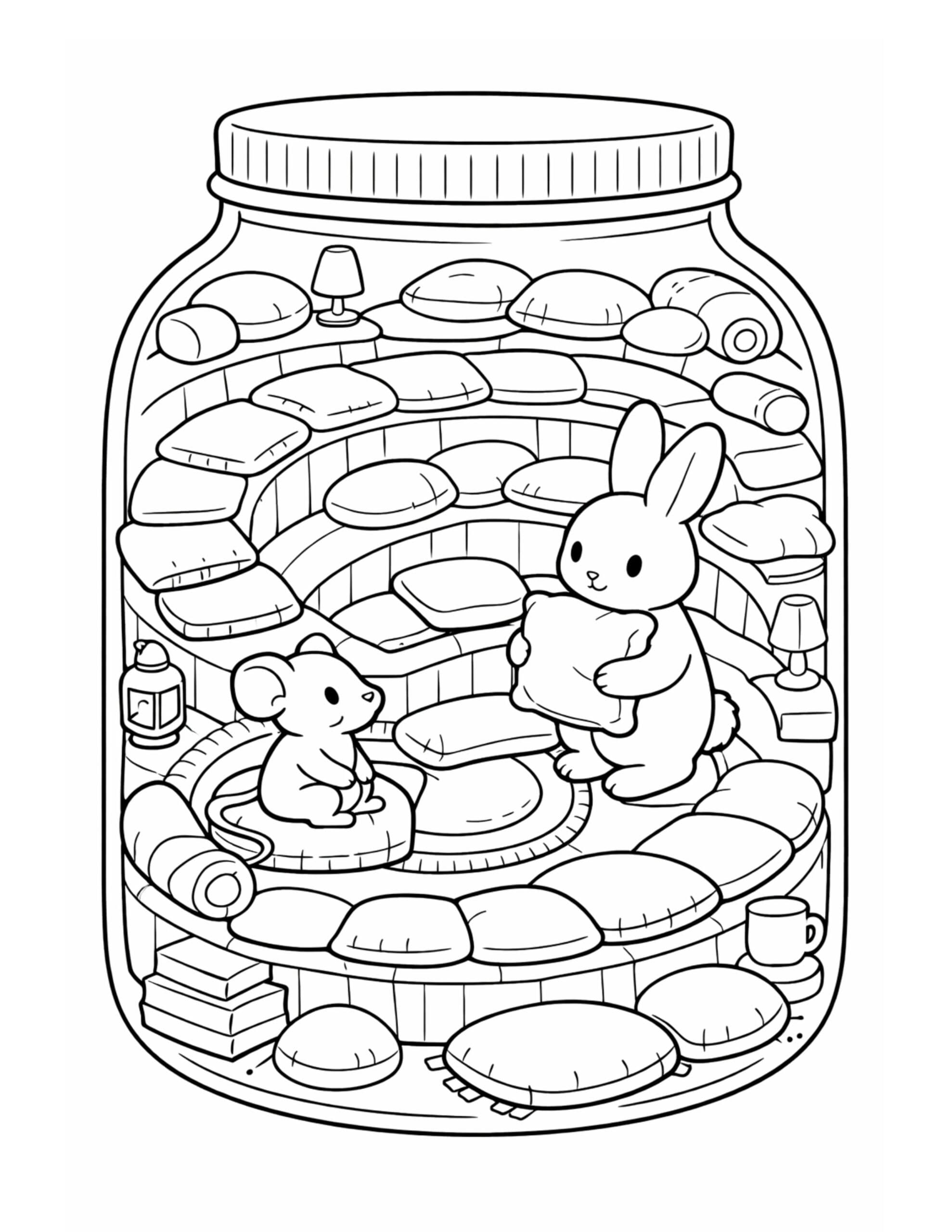 bunny sharing pillow with mouse coloring page, cushion-filled jar lounge with books, mugs, and tiny lamps, coloring page