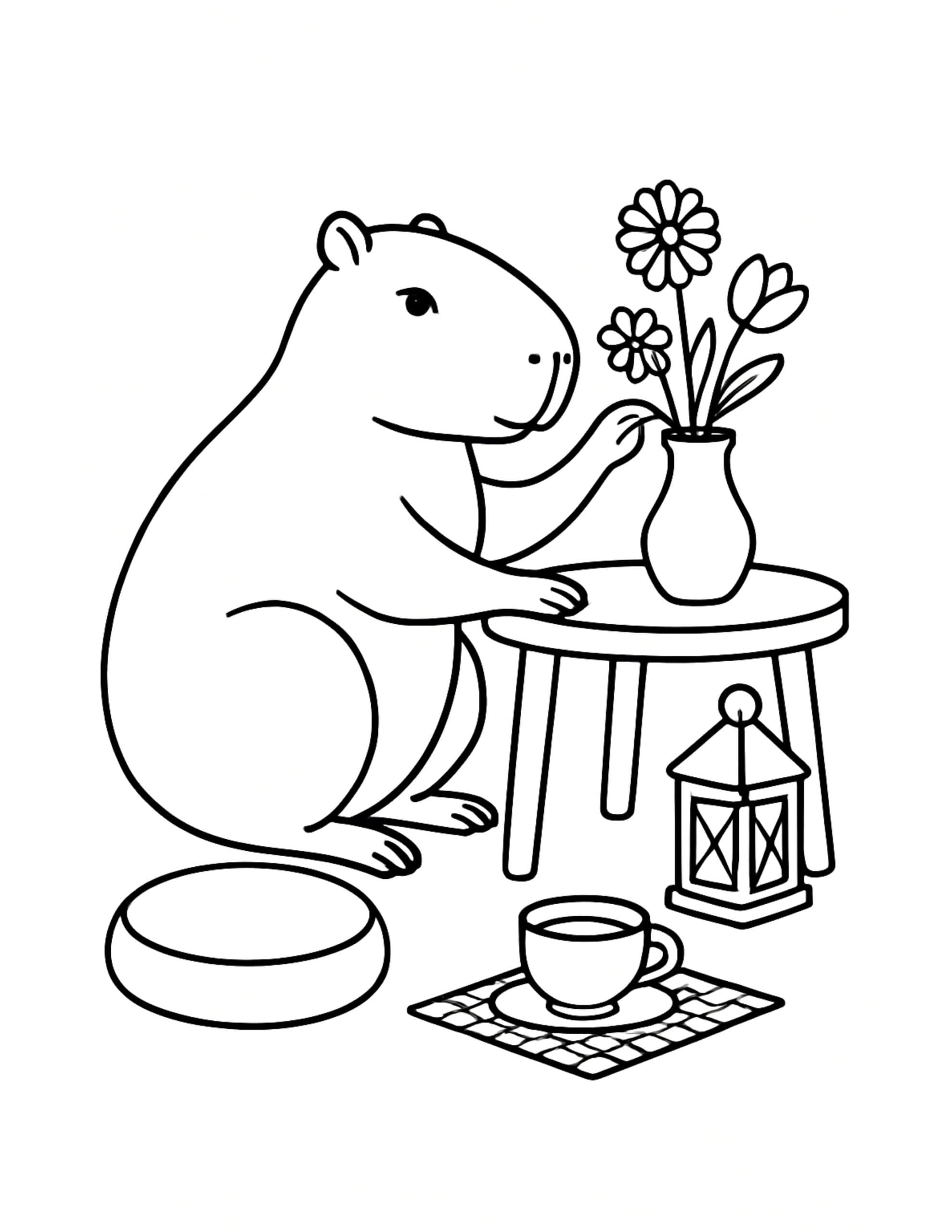 capybara arranging flowers in a vase coloring page with a cozy table, tea cup, and lantern coloring page