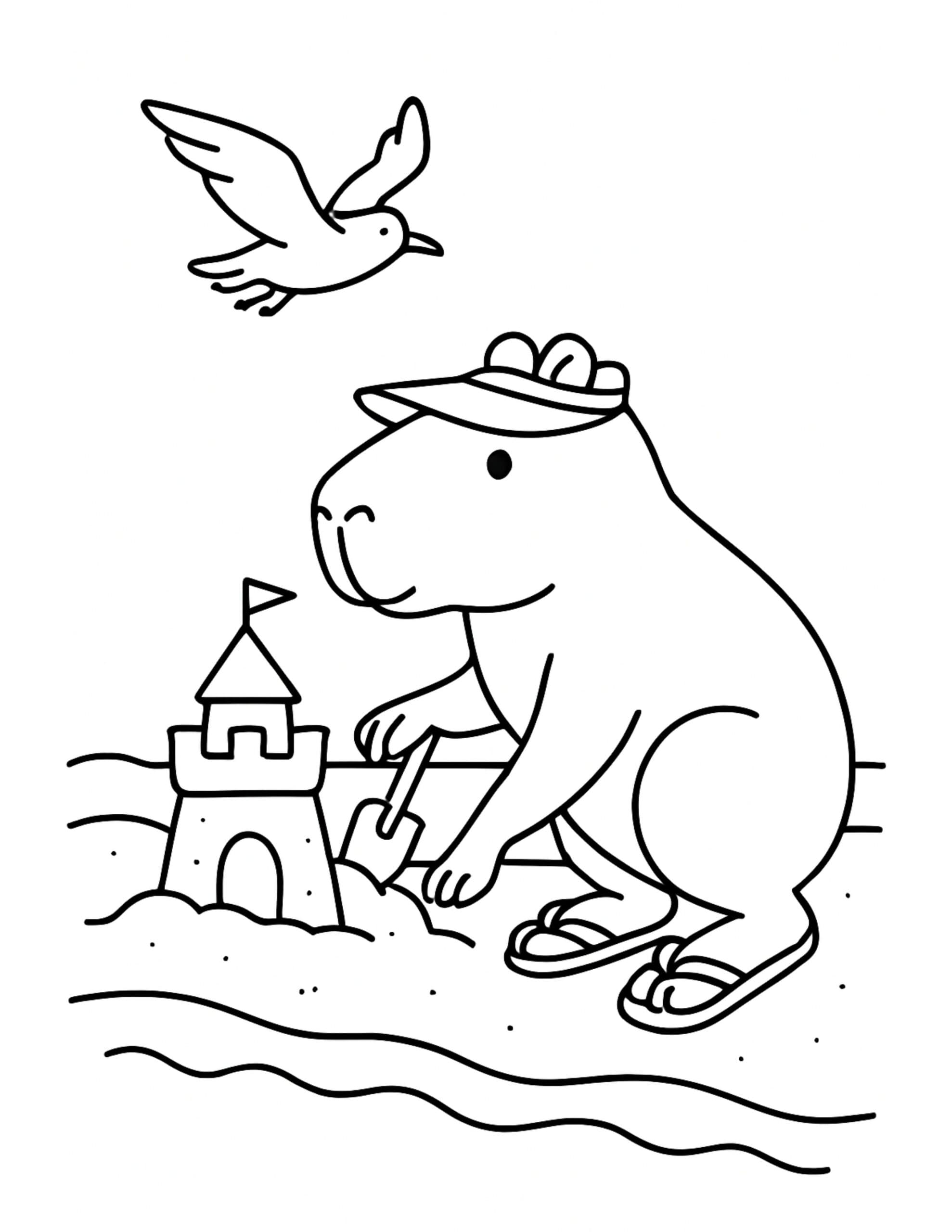 Capybara Building a Sandcastle Beach Coloring Page