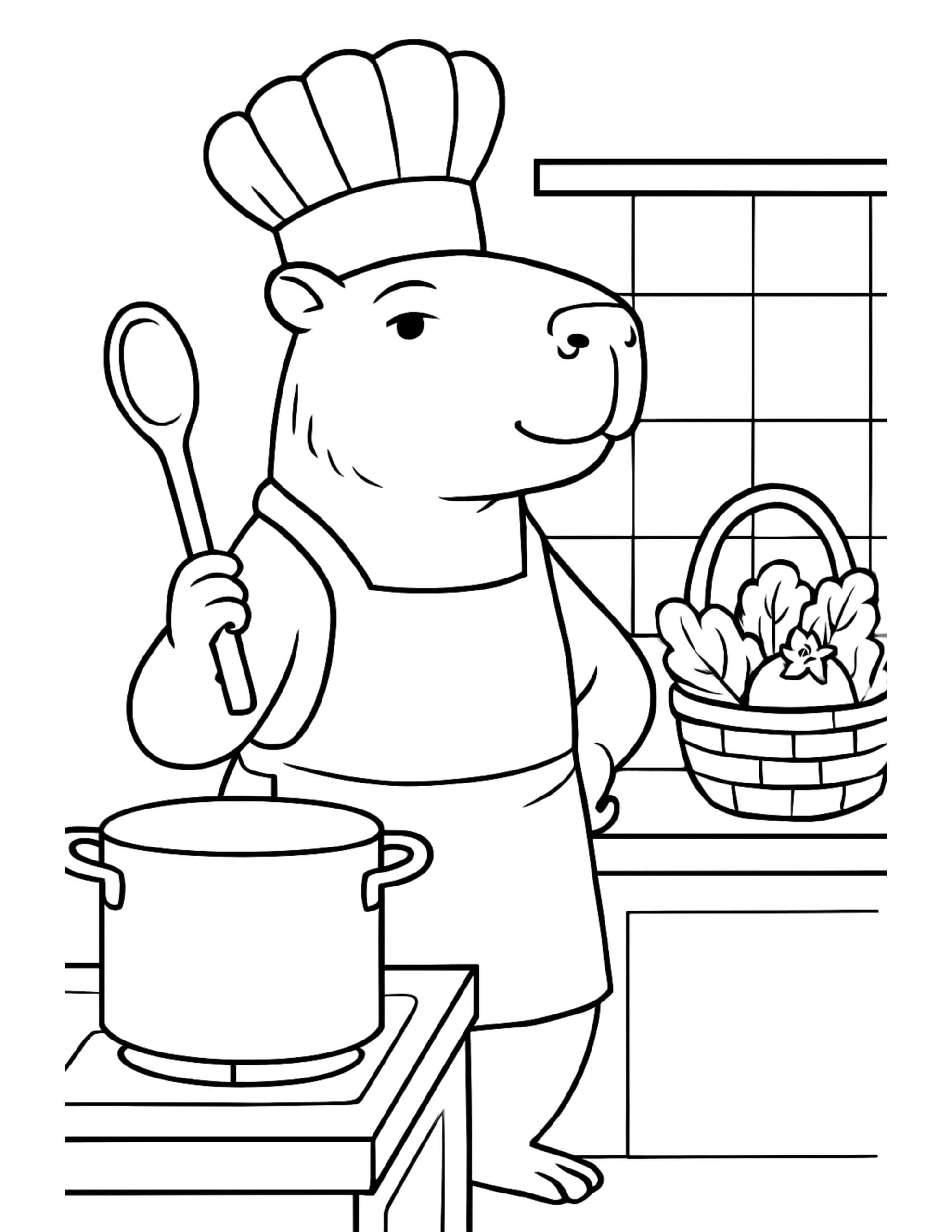 capybara chef cooking soup coloring page, capybara in a chef hat and apron holding a spoon by a big pot