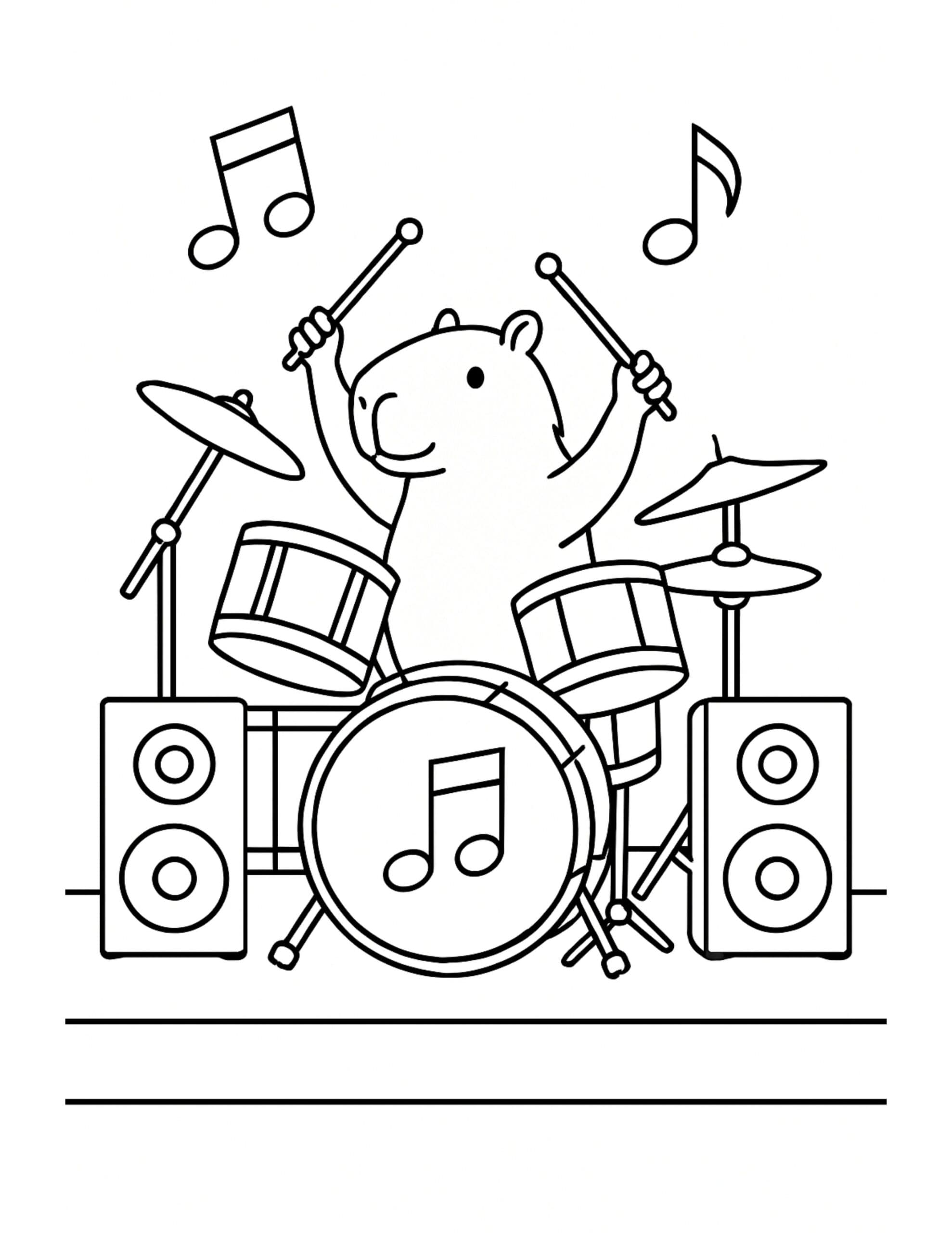 capybara raising drumsticks with music notes coloring page with drum kit, cymbals, and two speakers coloring page