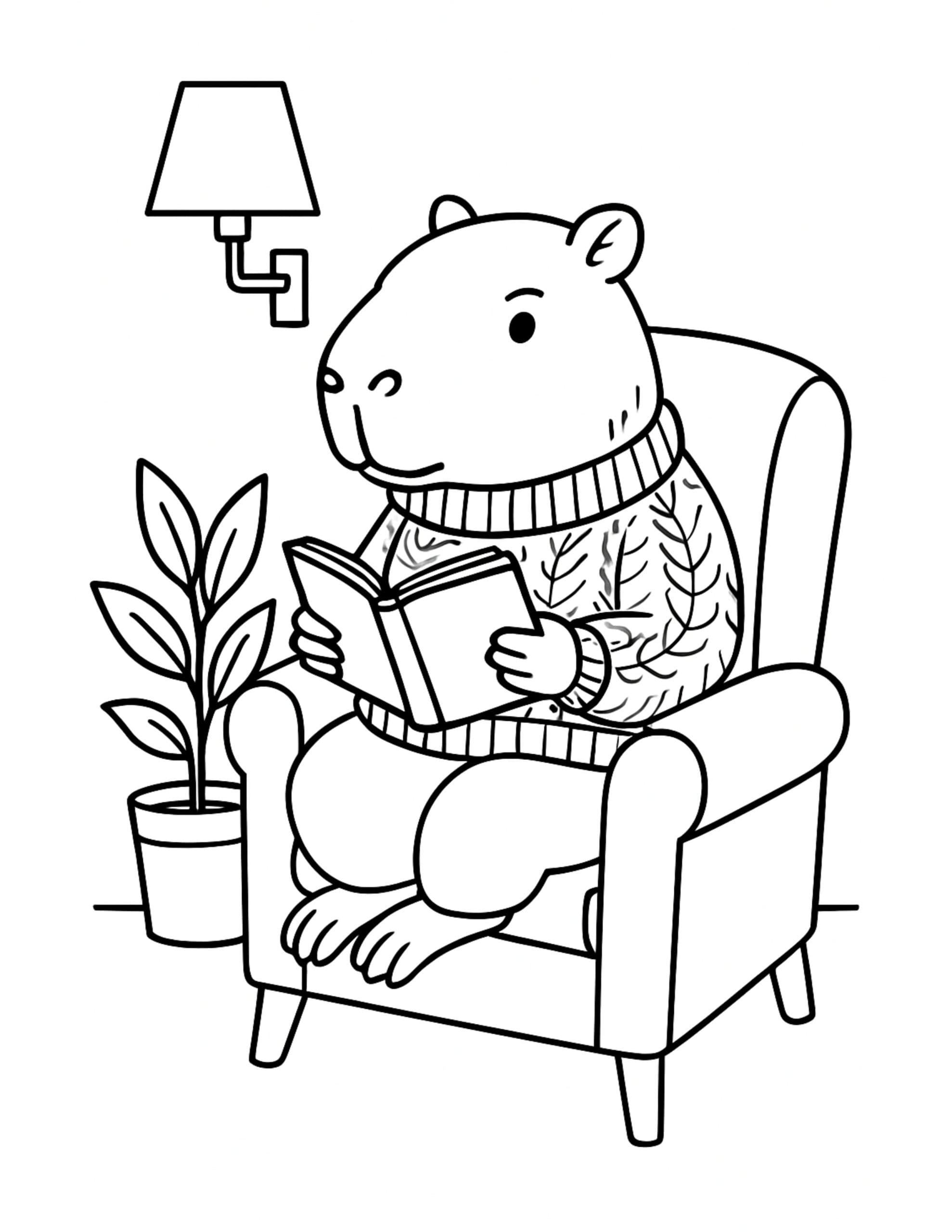 capybara reading a book in an armchair coloring page – sweater, wall lamp, and potted plant coloring page