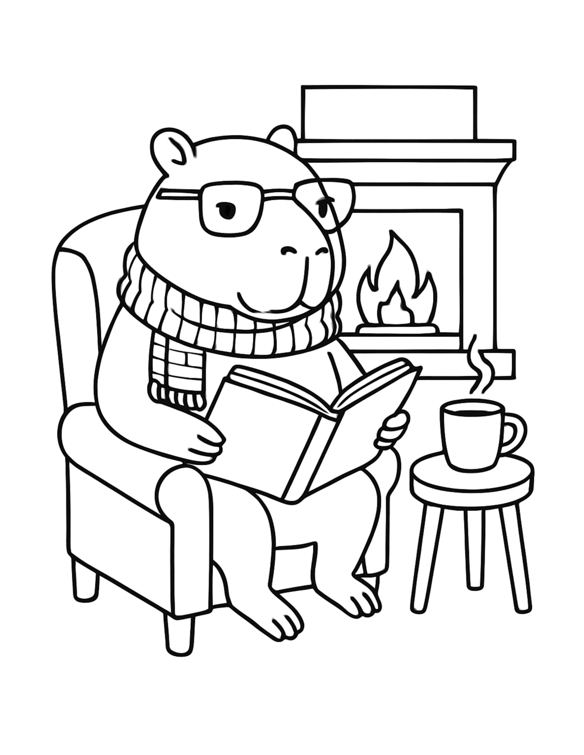 capybara reading by fireplace coloring page, capybara in glasses and scarf reading a book, cozy scene coloring page