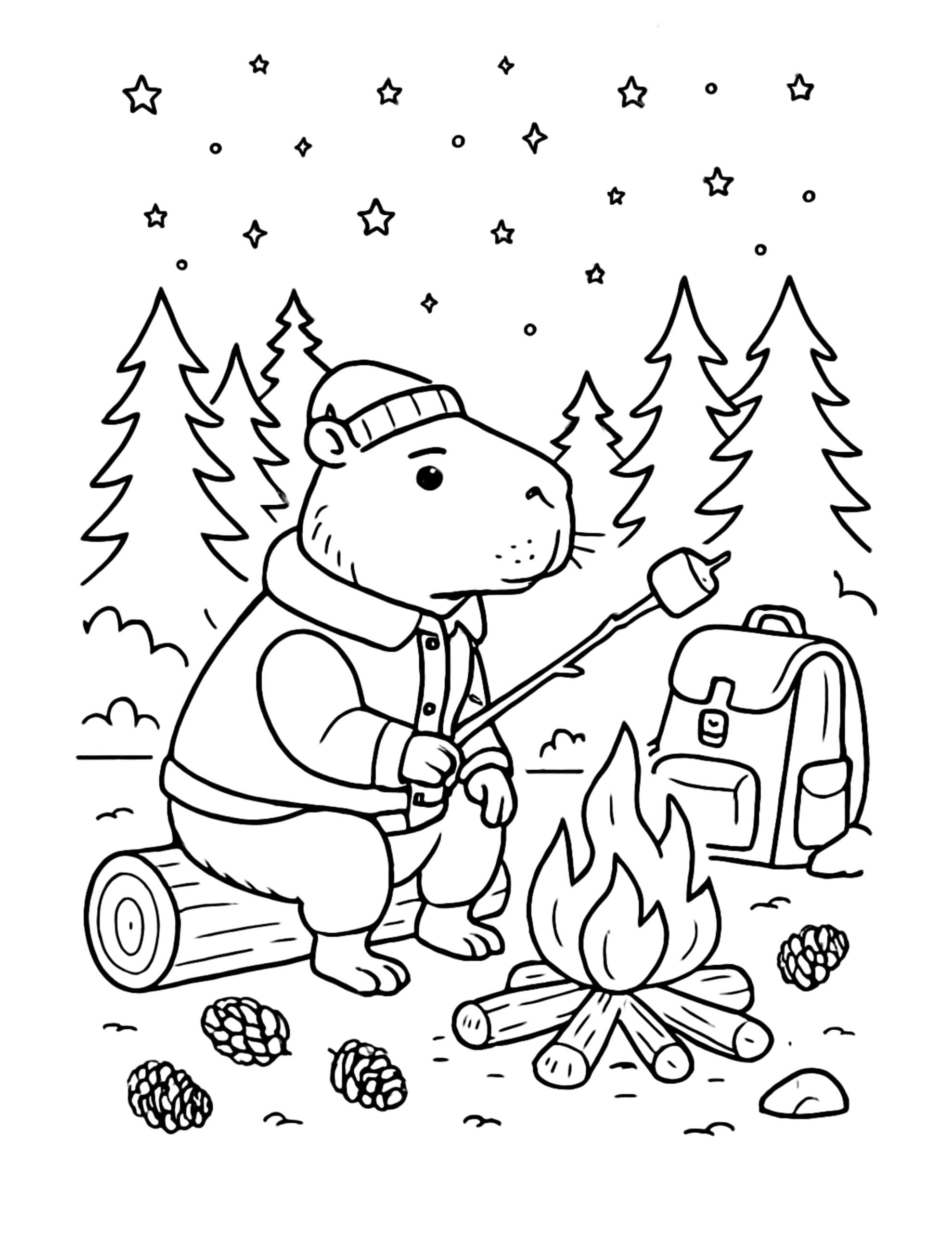 capybara roasting marshmallow by campfire coloring page, capybara in beanie and jacket under stars by a backpack, coloring page
