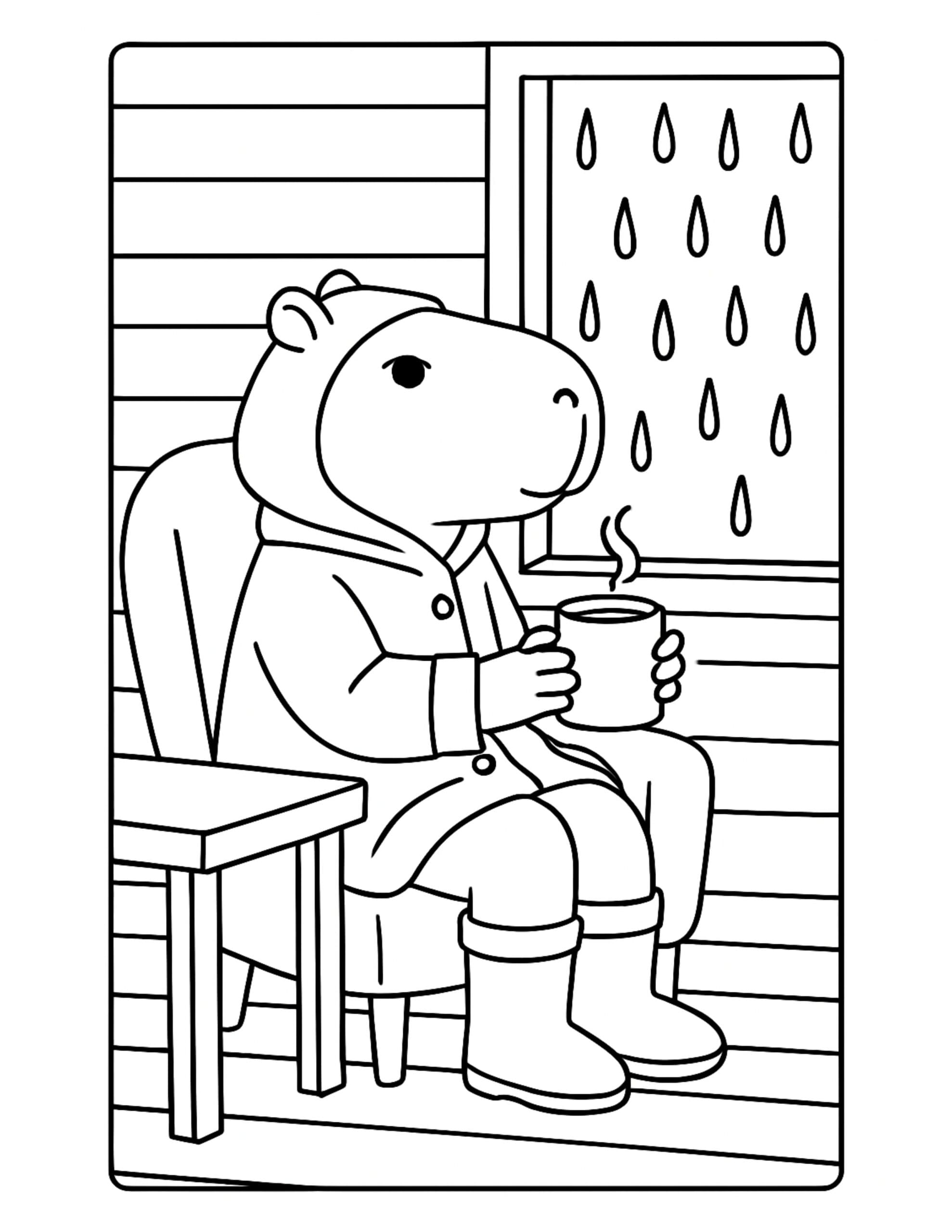 capybara sipping tea by window coloring page, cozy capybara in a raincoat and boots holding a steaming mug