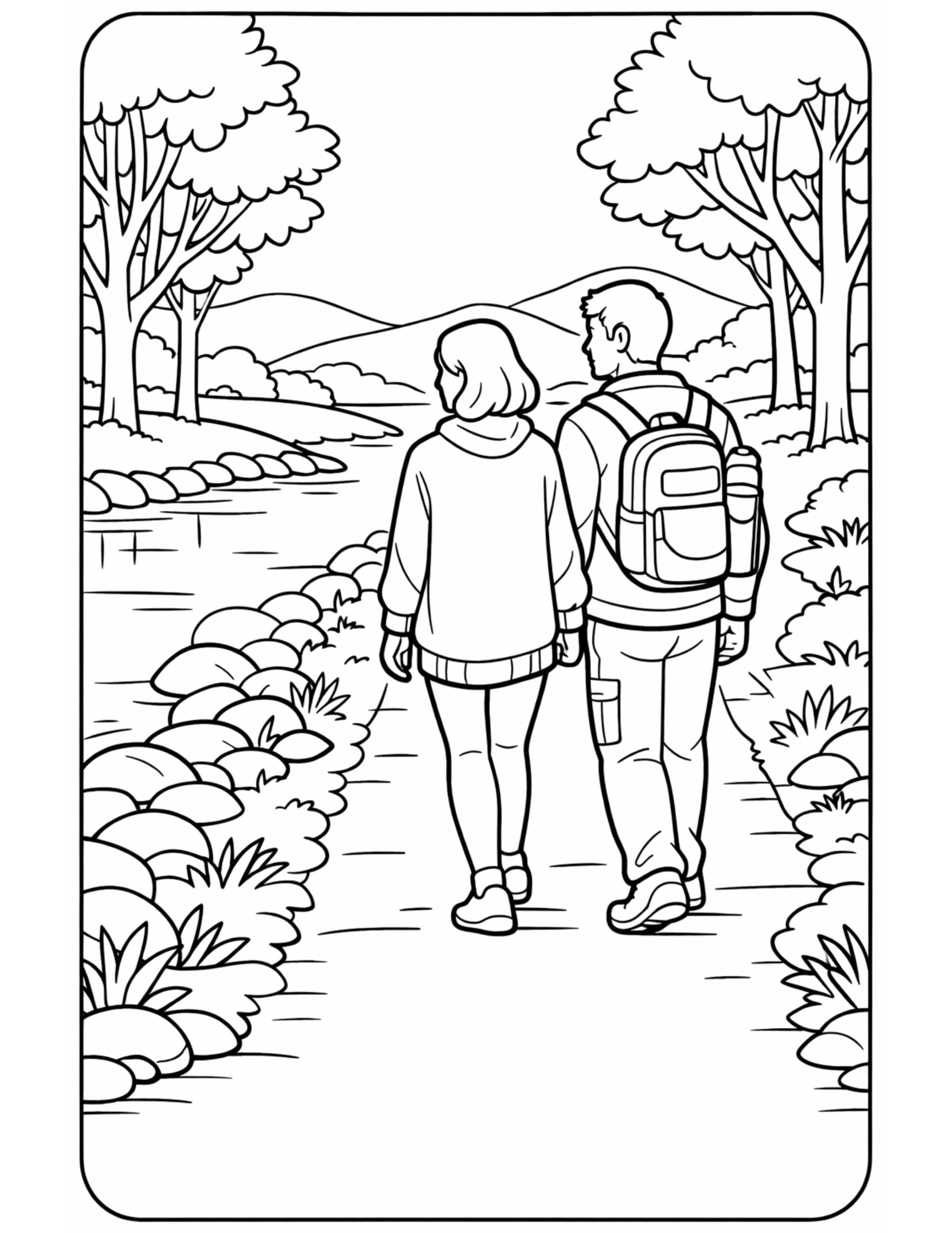 couple hiking beside a river coloring page with two hikers on a trail, trees, rocks, and hills, coloring page