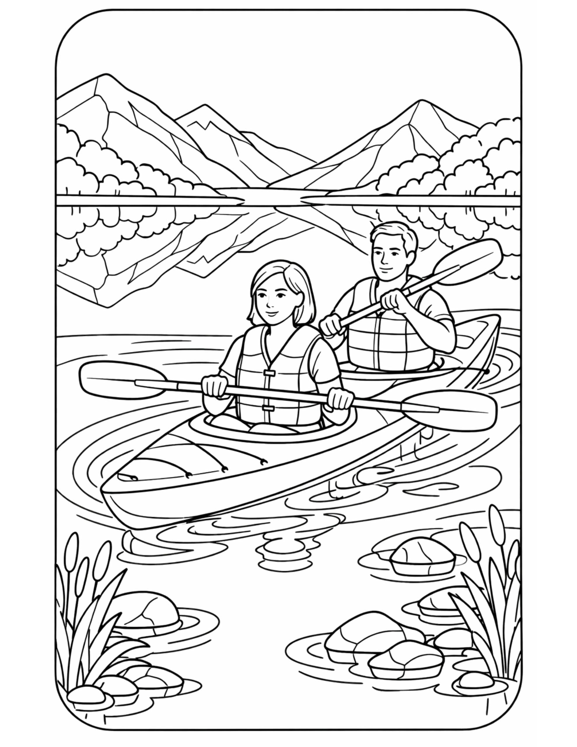 couple kayaking on mountain lake coloring page with two kayakers, paddles, and peak reflections coloring page