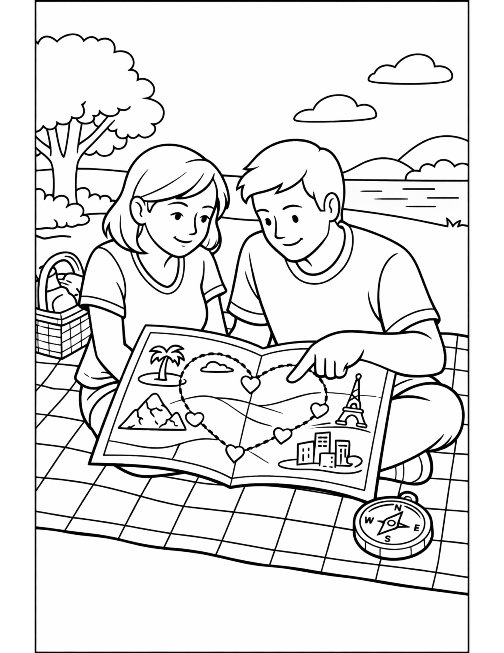 Couple Planning a Travel Map Coloring Page