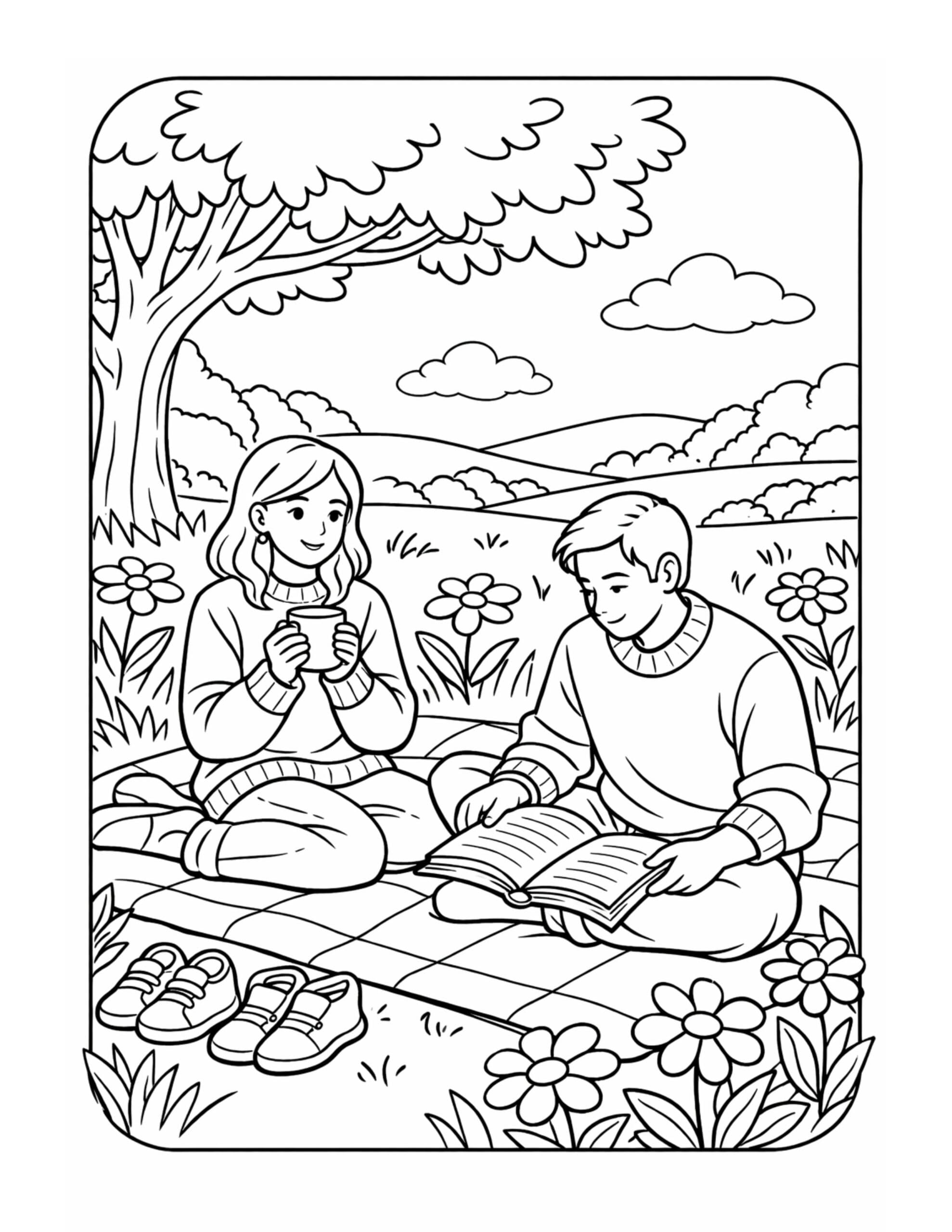 couple reading on picnic blanket coloring page under a big tree with flowers and rolling hills coloring page