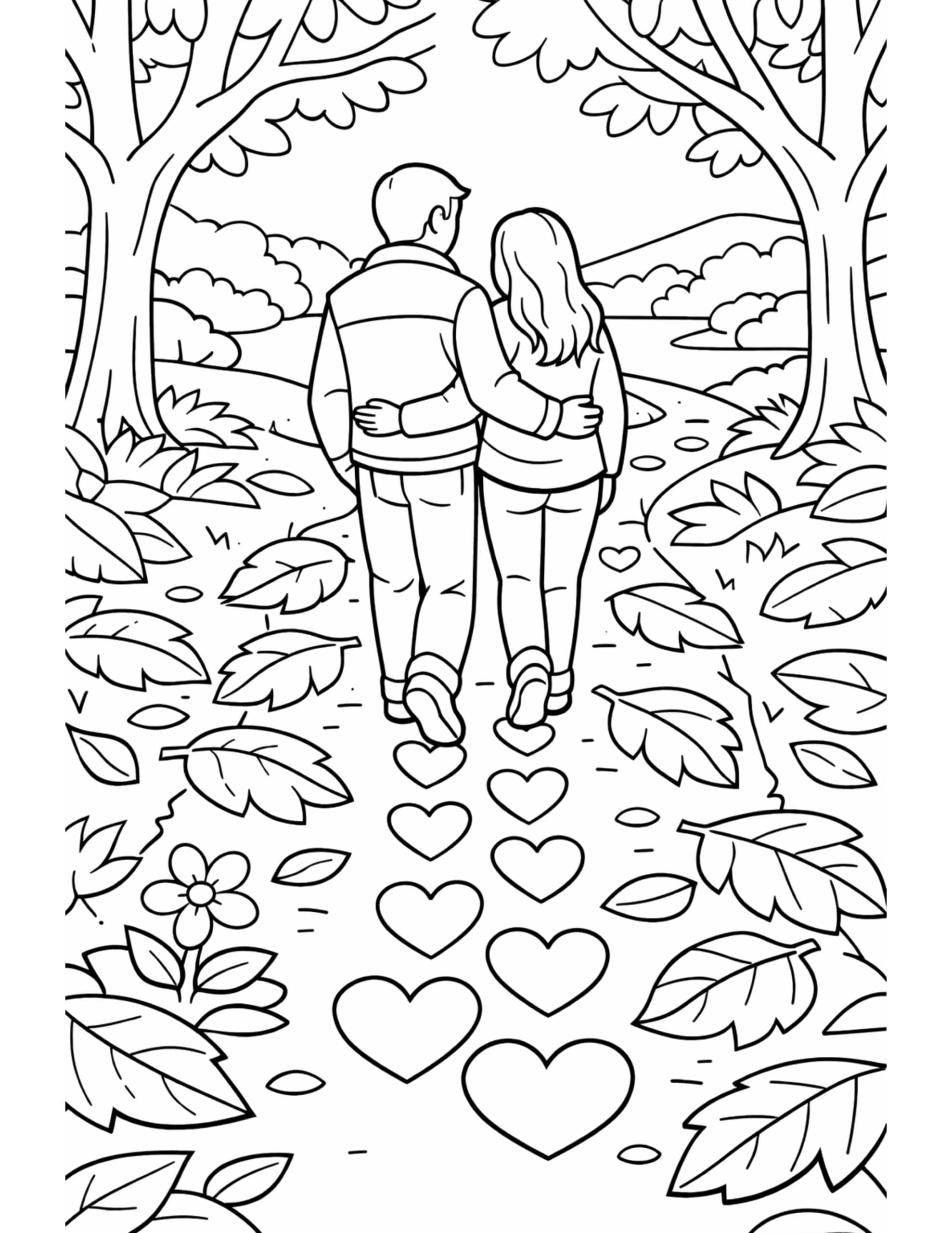 couple walking through forest path coloring page with leafy trees, scattered leaves, and heart footprints on the trail coloring page