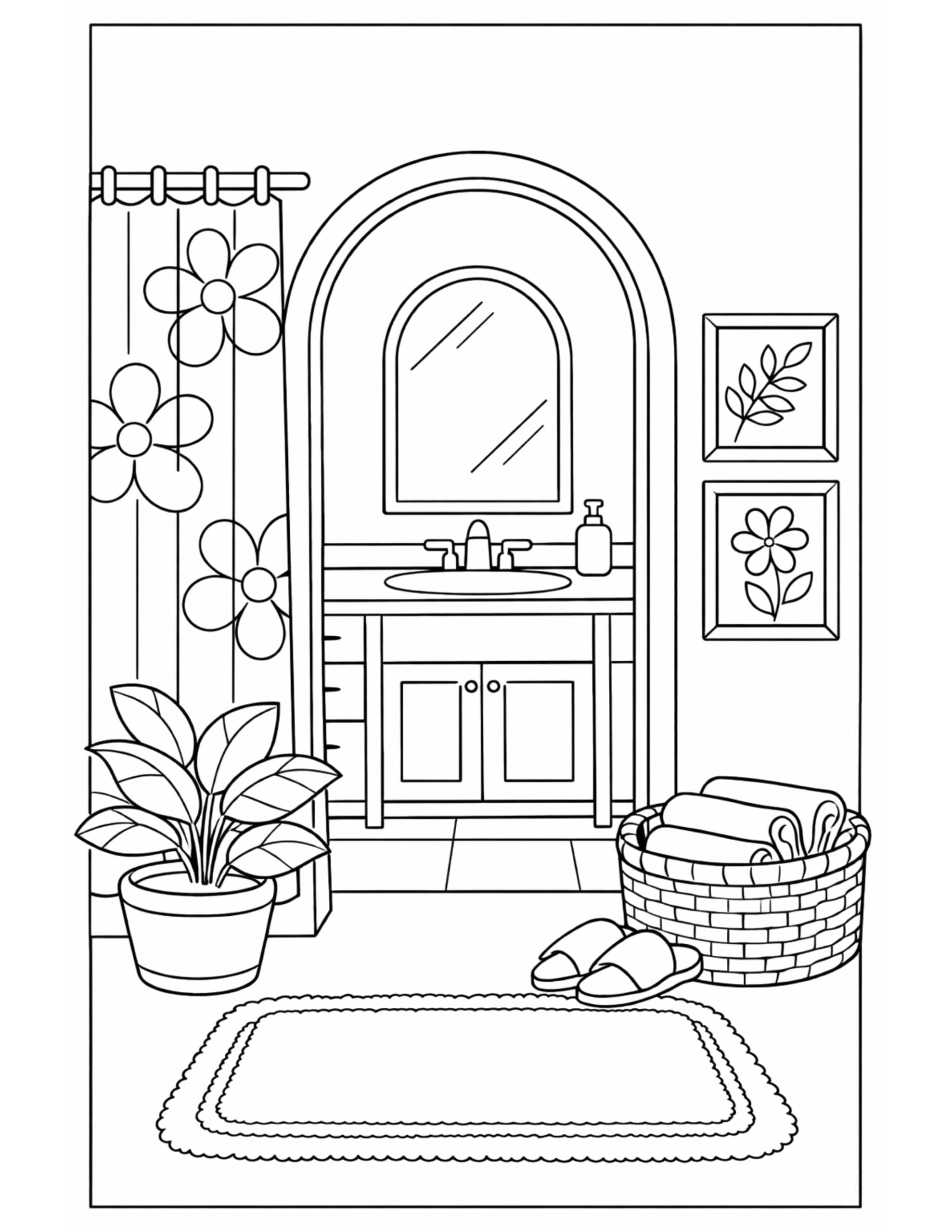 cozy bathroom vanity corner coloring page with sink mirror floral curtain towels and slippers coloring page