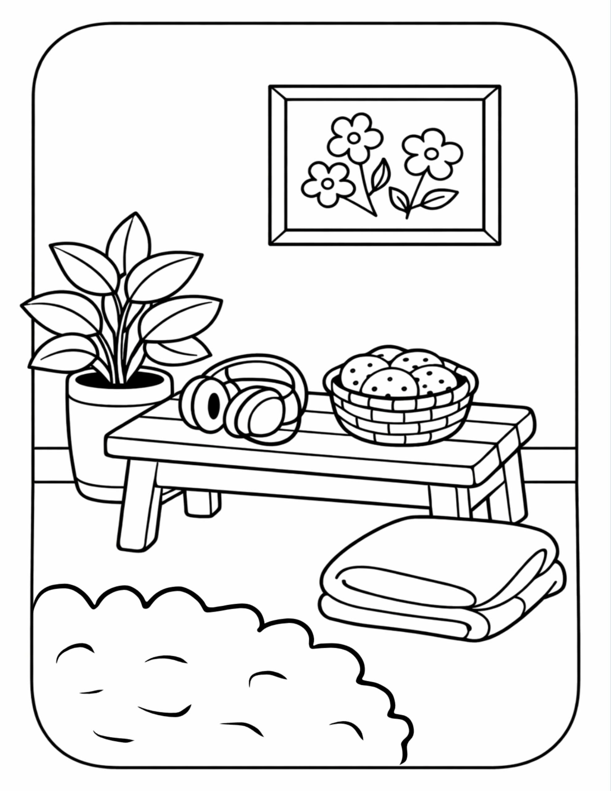 cozy bench with headphones coloring page with a snack basket, folded blanket, potted plant, and fluffy rug coloring page