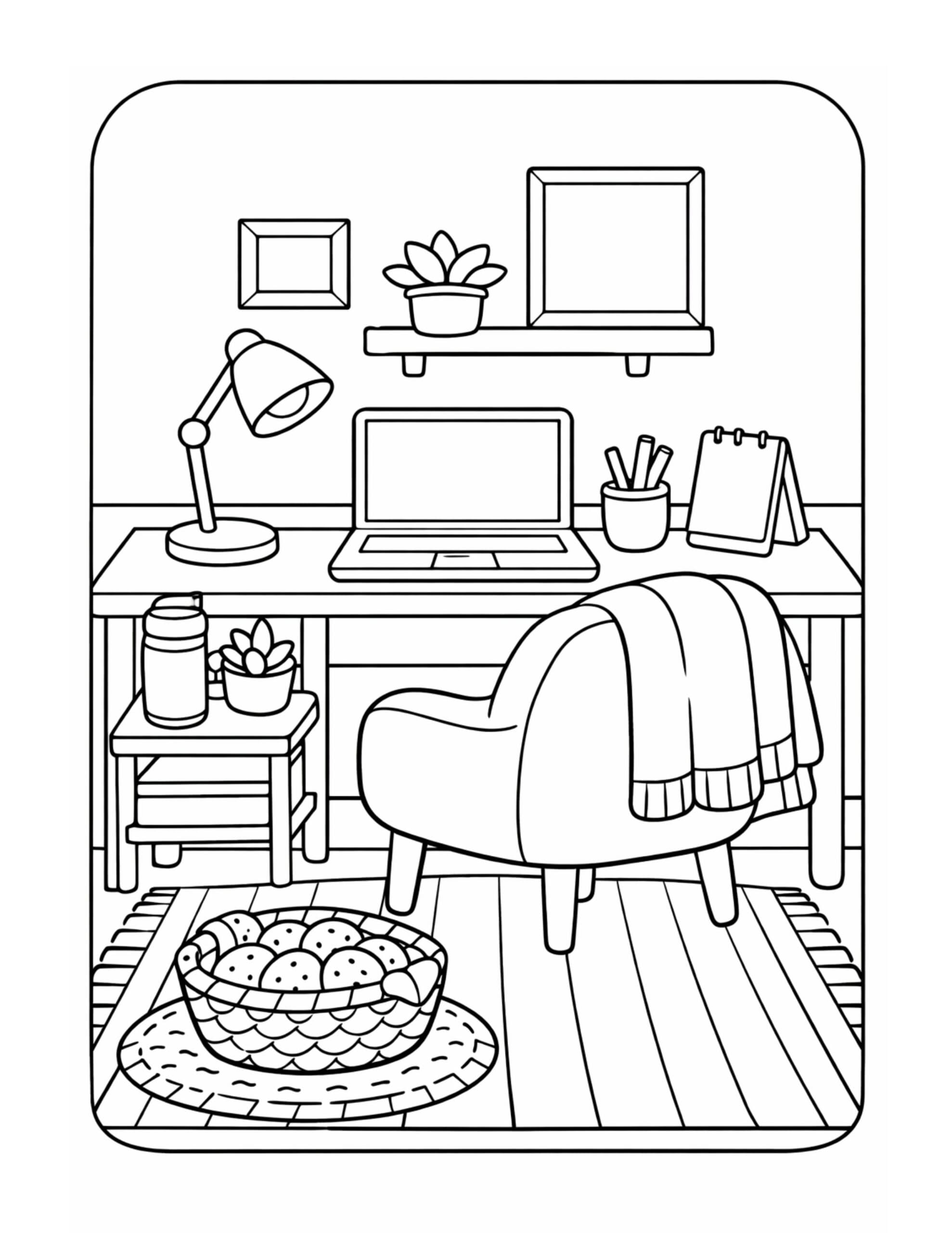 cozy desk workspace with laptop coloring page featuring a desk lamp, blanket chair, shelf plant, and rug basket coloring page