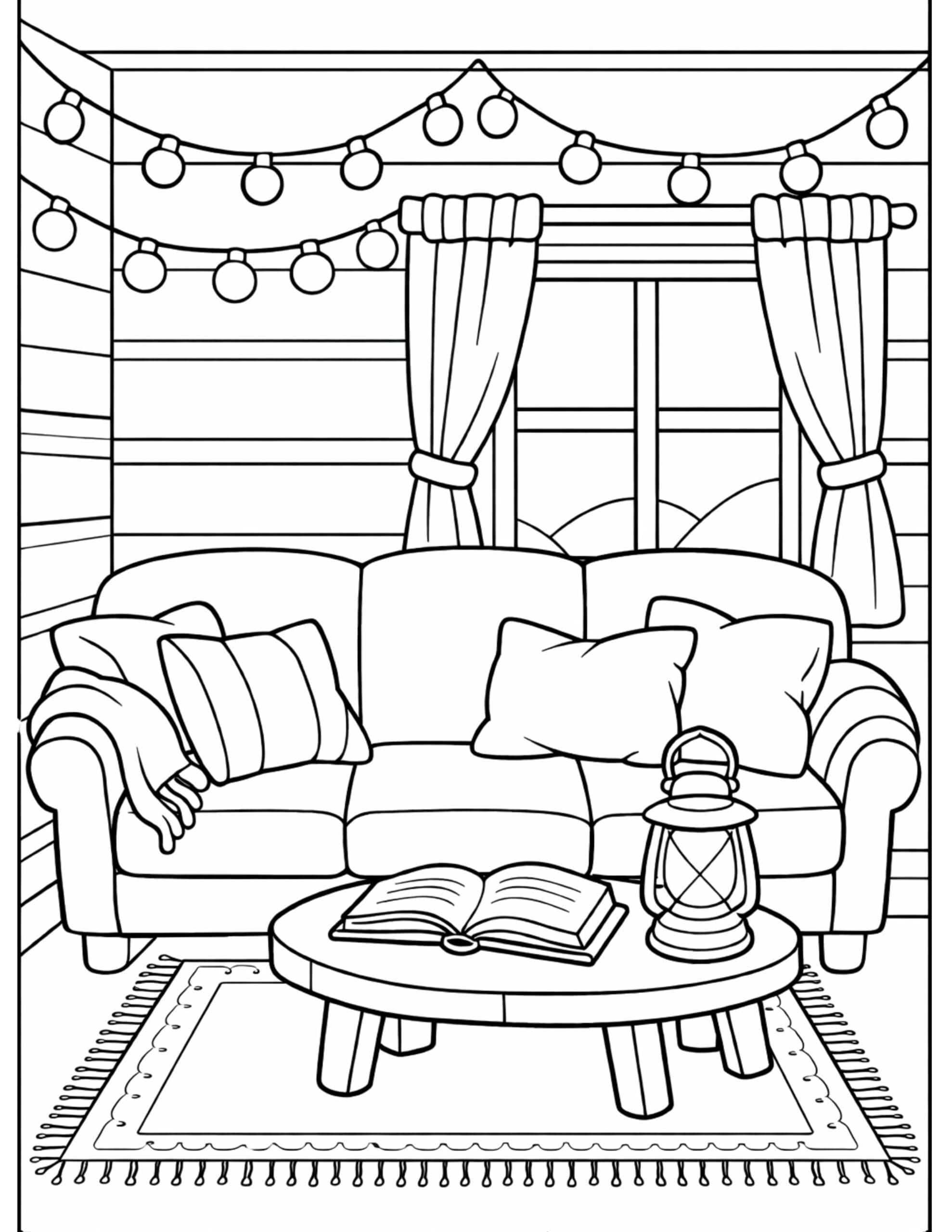 cozy living room reading nook coloring page with sofa, window, string lights, and book
