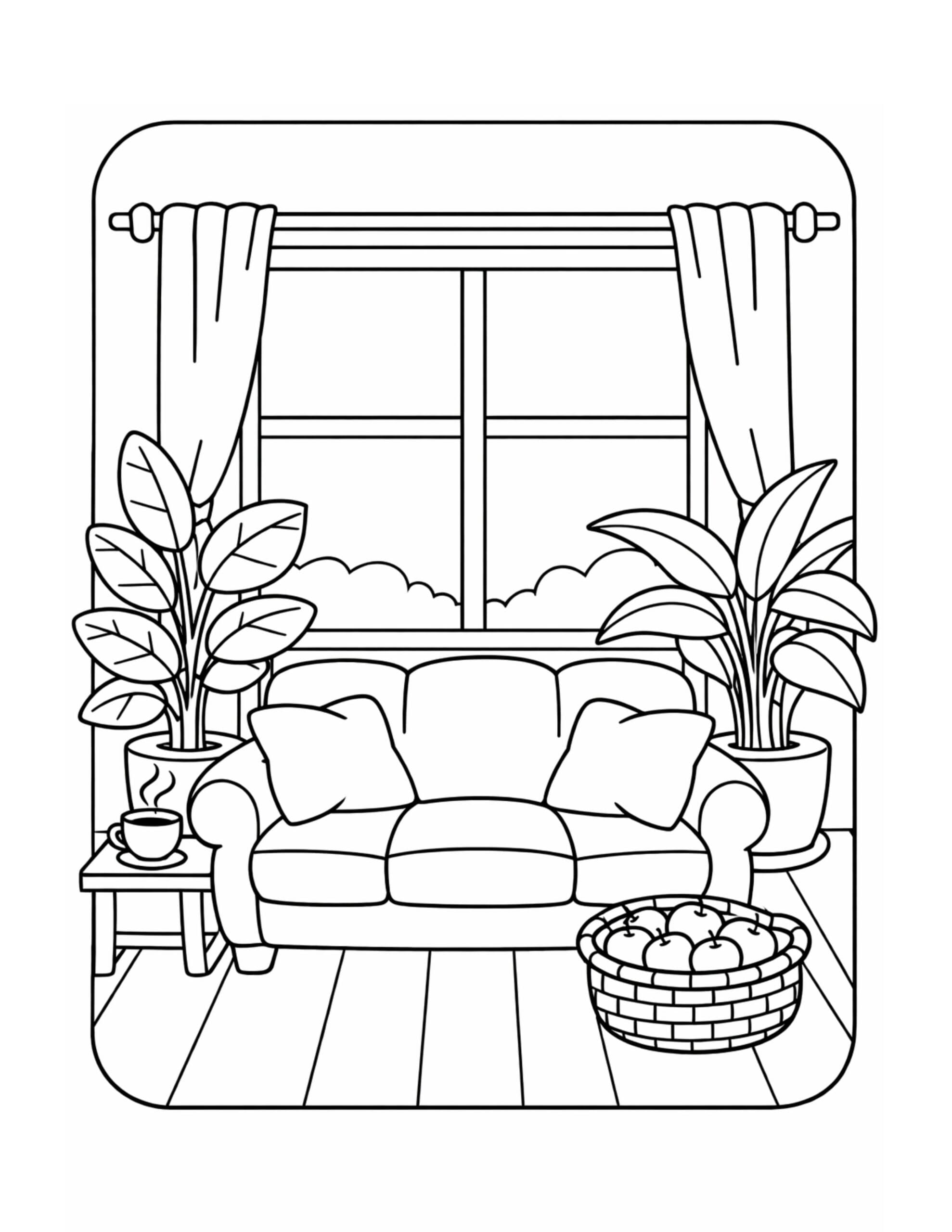 cozy living room with plants coloring page with a sofa by a window, curtains, potted plants, and a fruit basket coloring page