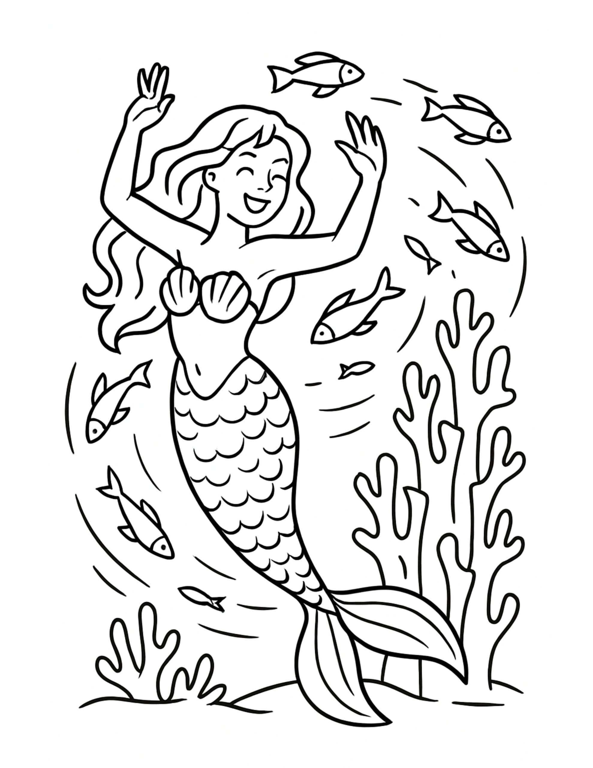 happy mermaid dancing underwater coloring page with fish swimming around and coral plants