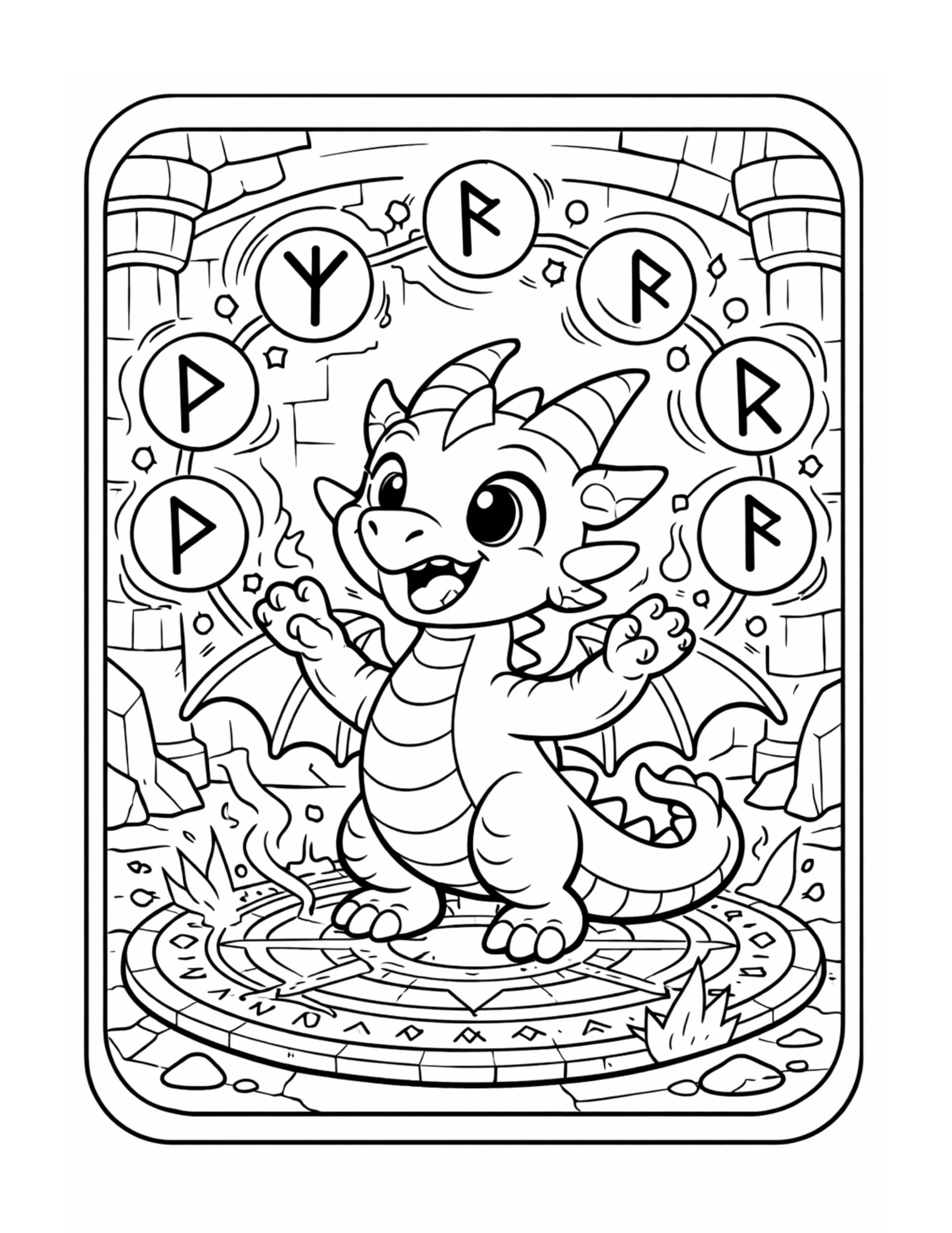 dragon casting a rune spell coloring page with floating rune symbols around a magic circle coloring page