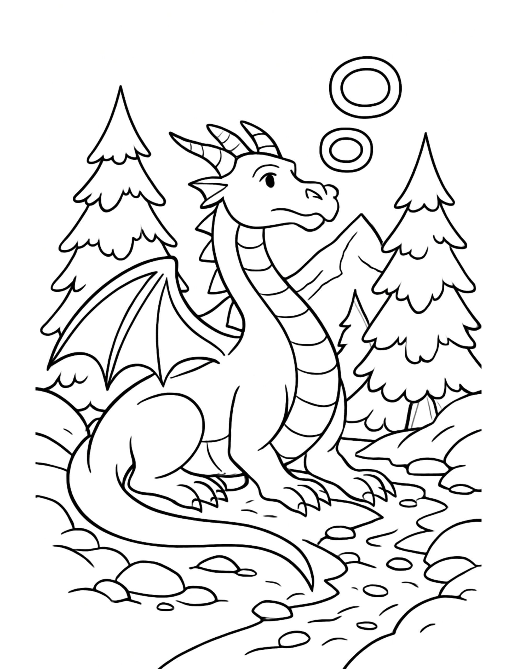 dragon resting by mountain creek coloring page with pine trees, rocky stream, and distant mountains coloring page