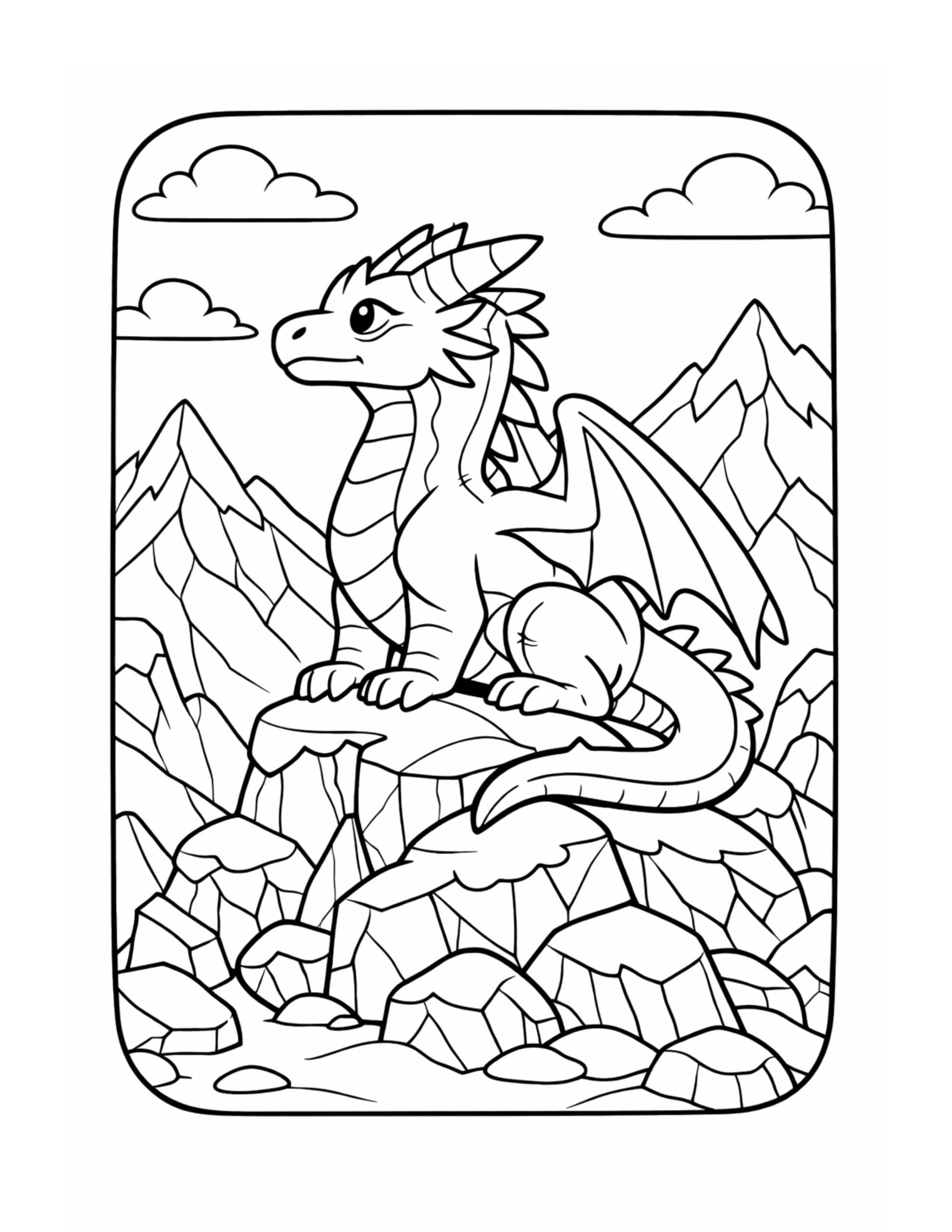 dragon sitting on mountain rocks coloring page featuring a calm dragon on a rocky peak with mountains and clouds