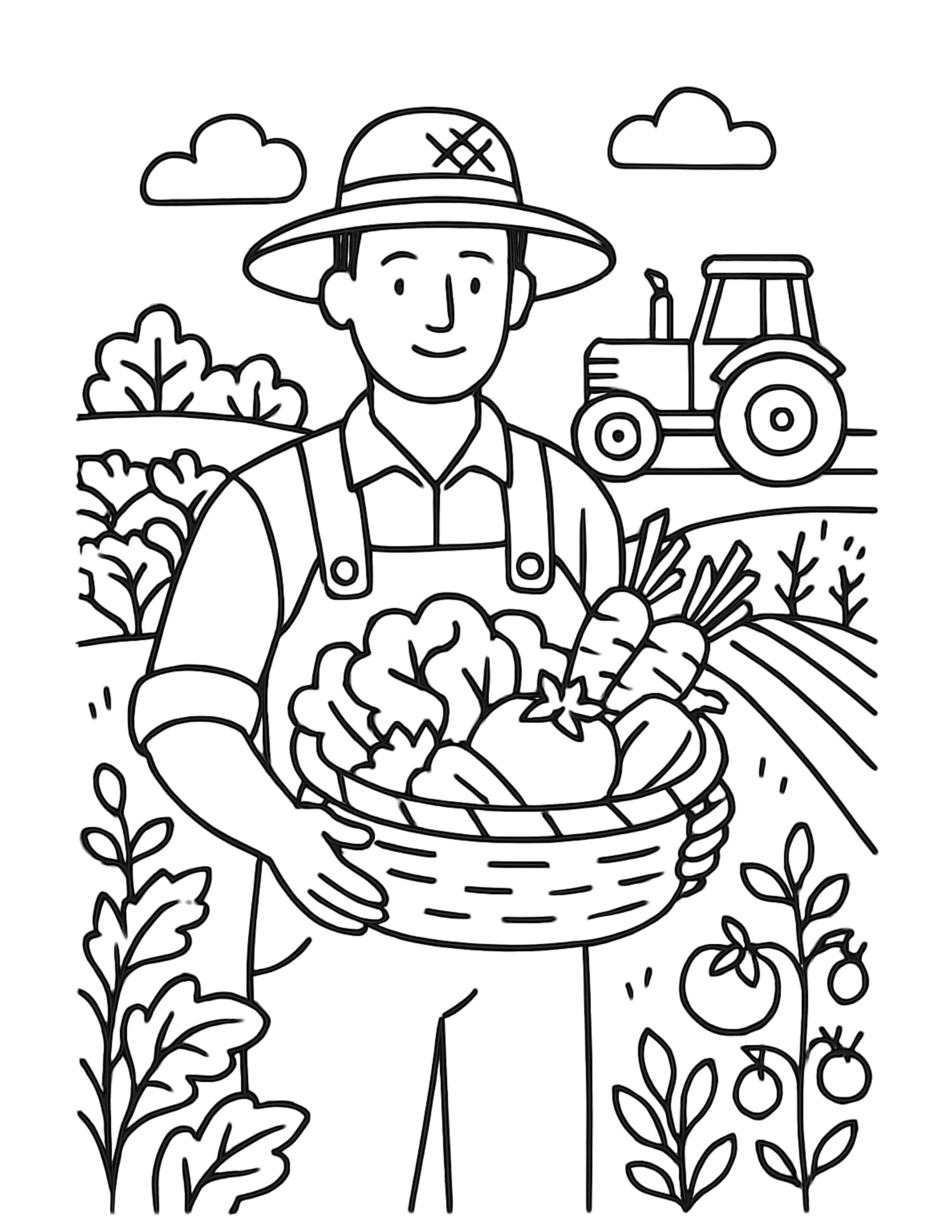 farmer holding vegetable basket coloring page with a smiling farmer, garden rows, and a tractor coloring page