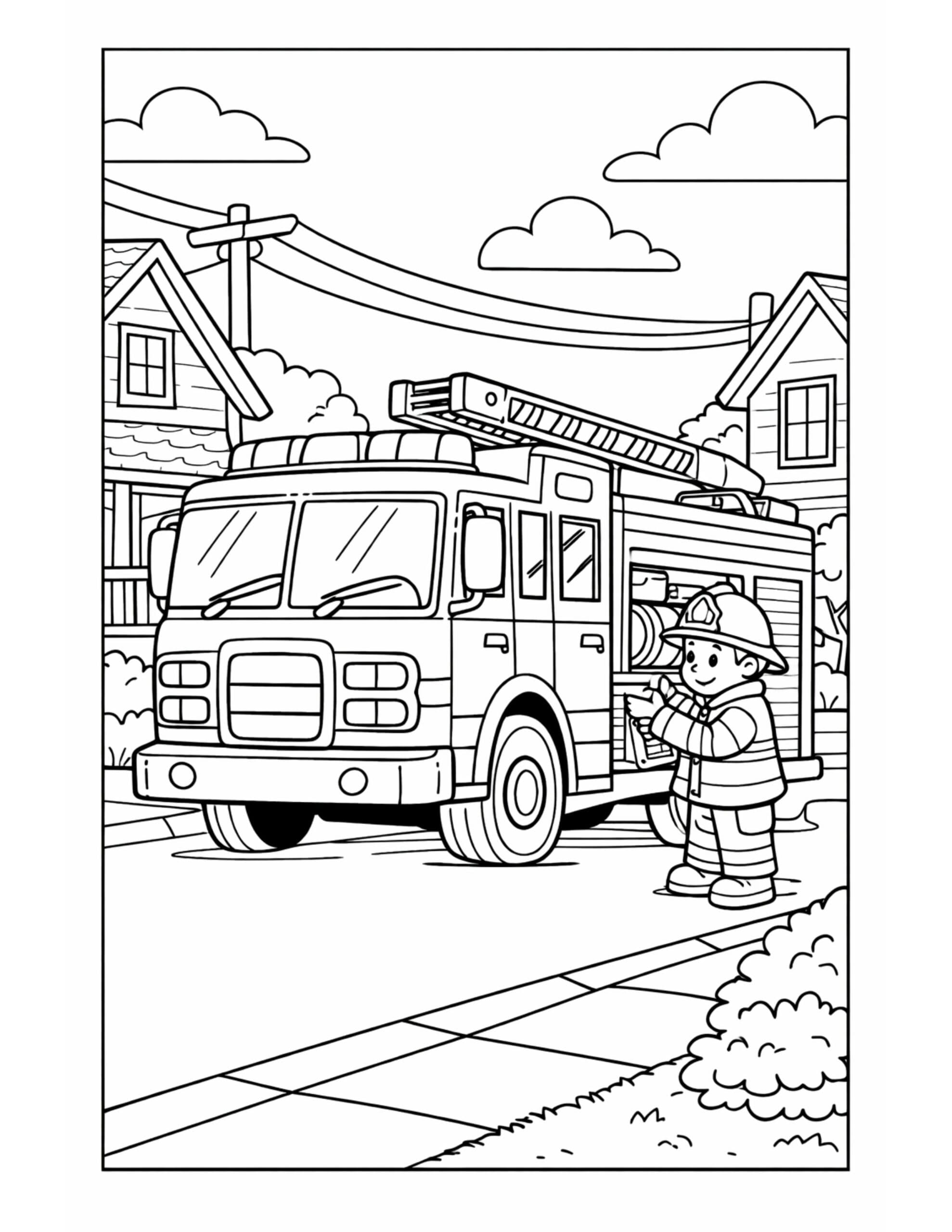 firefighter beside fire truck coloring page with a ladder truck parked on a quiet neighborhood street coloring page
