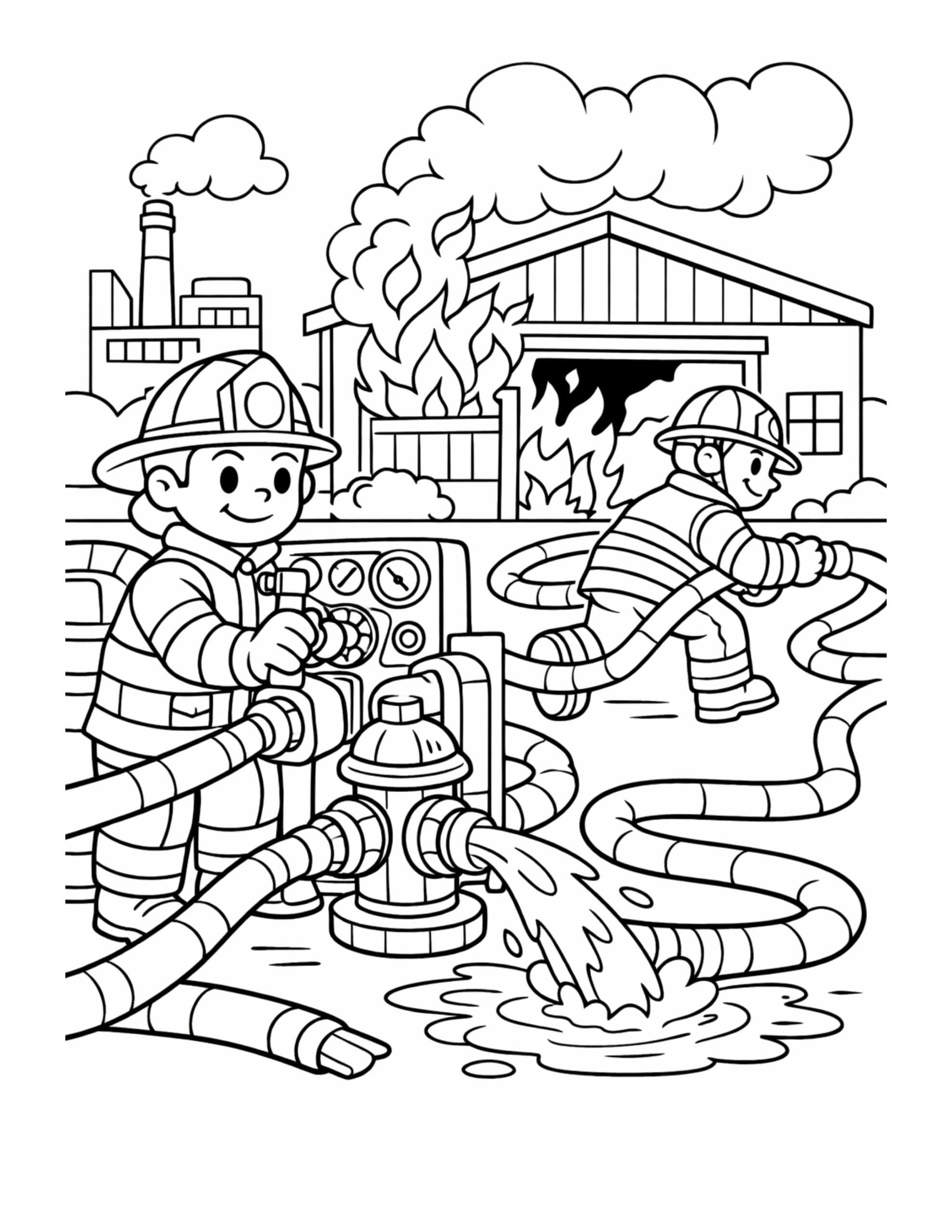 firefighter operating hydrant at fire coloring page with hoses, water splash, and burning building coloring page