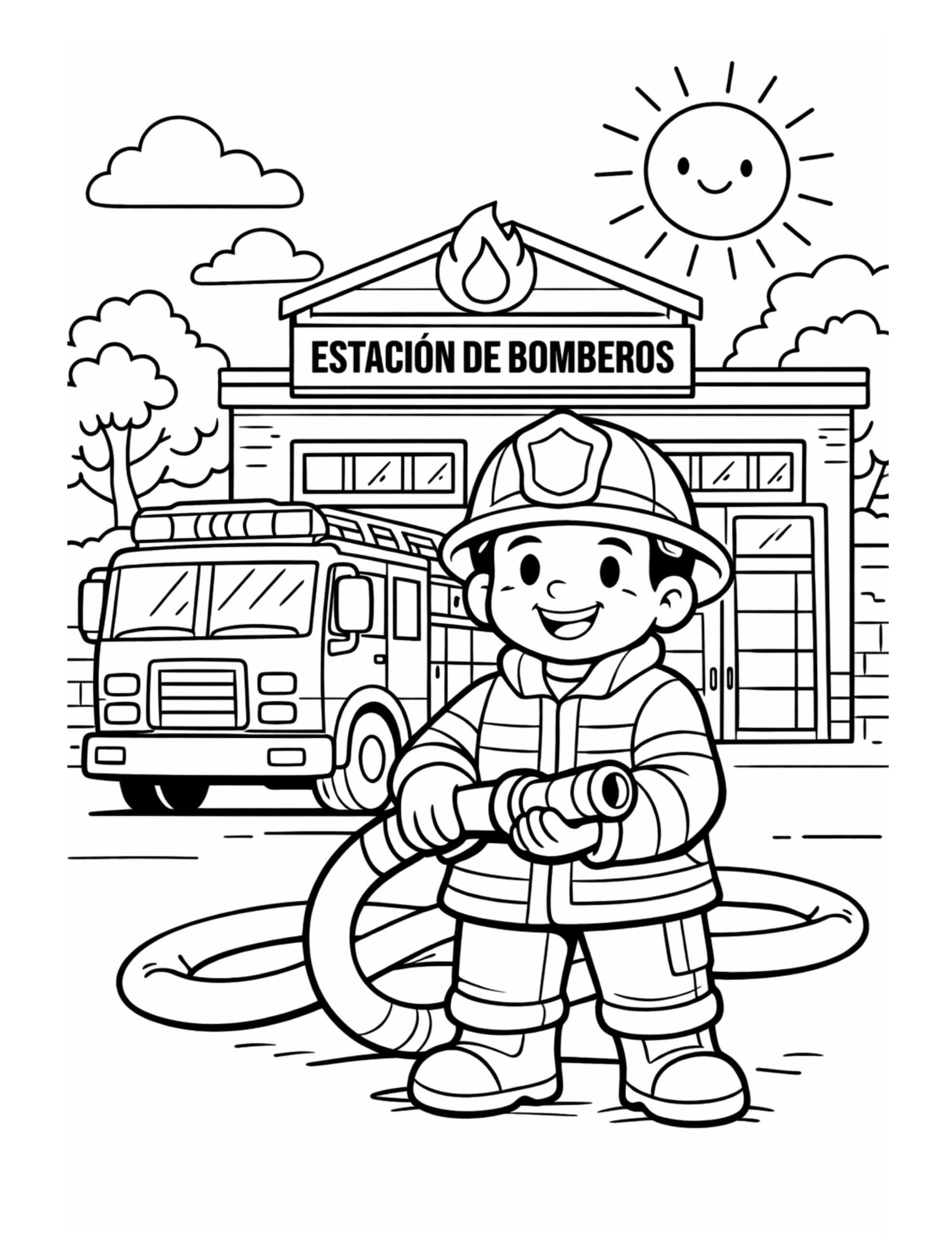 firefighter outside fire station coloring page with a smiling firefighter holding a hose, firetruck, and sunny sky