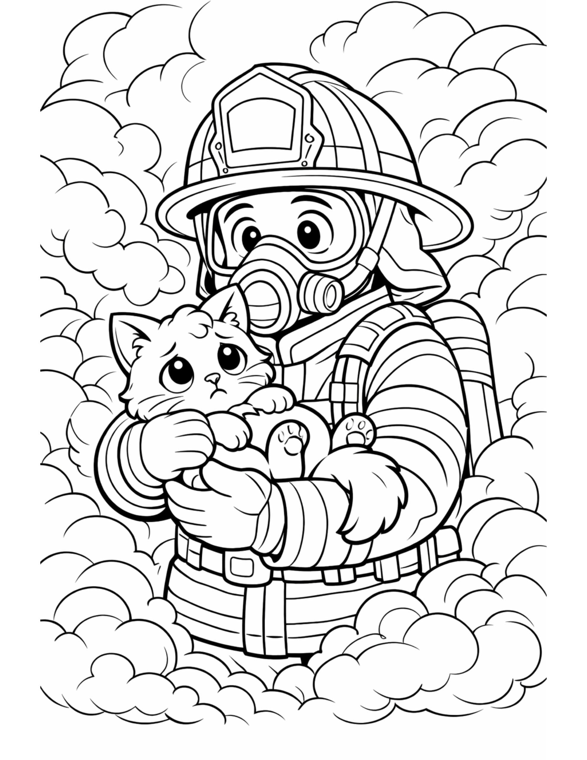 firefighter rescuing kitten in smoke coloring page, masked firefighter holding a worried kitten surrounded by puffy smoke, coloring page
