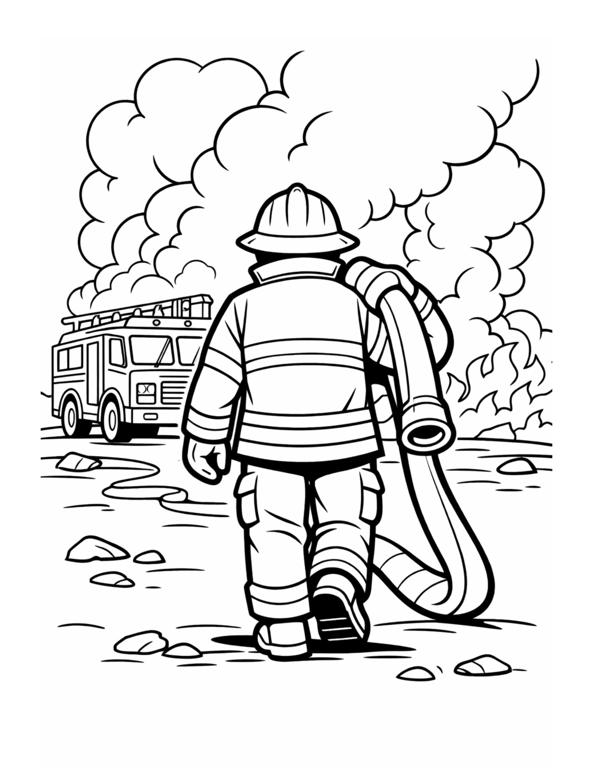 firefighter walking into smoky fire coloring page showing thick smoke, flames, and a fire truck in the background coloring page