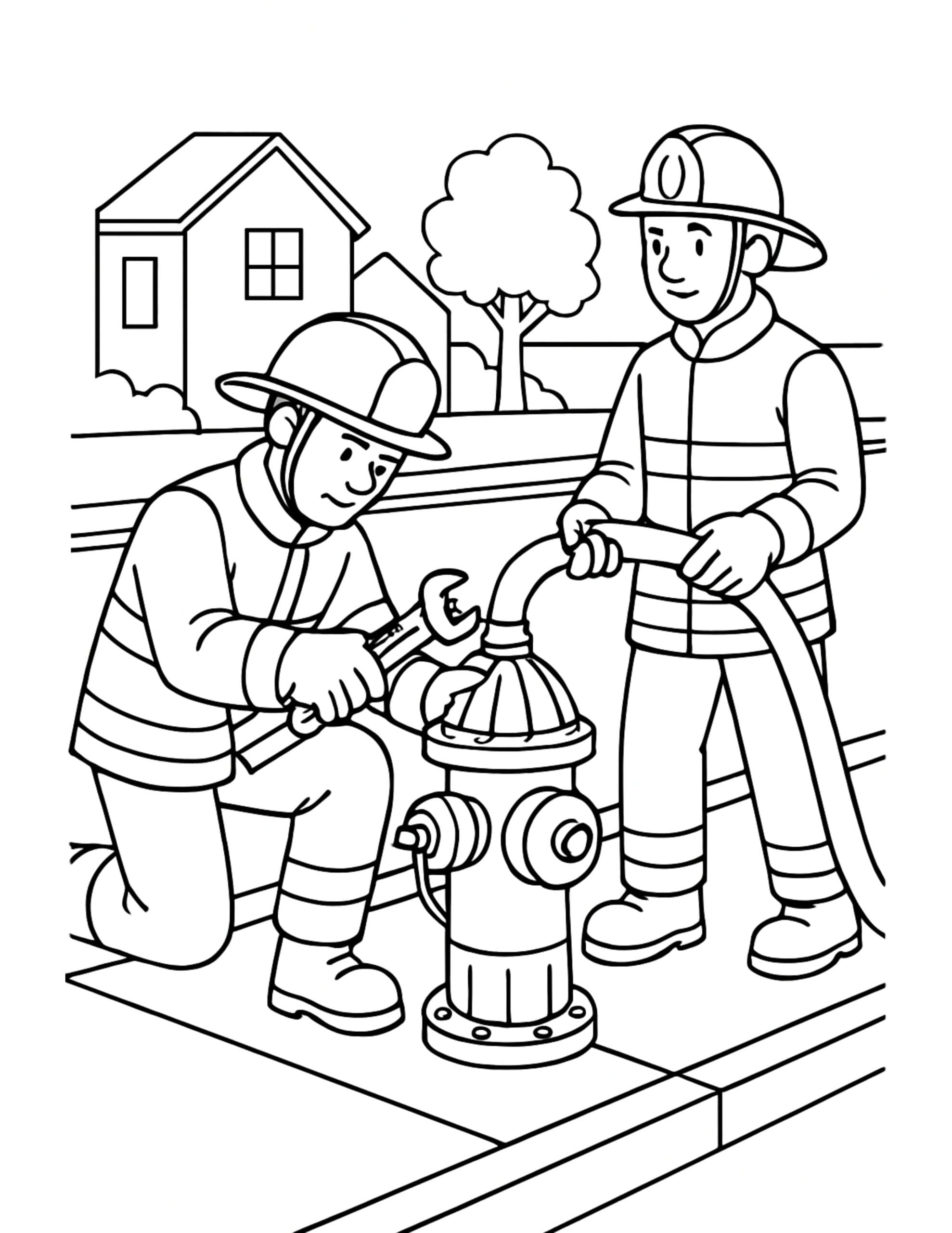 firefighters connecting hose to hydrant coloring page with two firefighters, a hose, and a hydrant line art coloring page