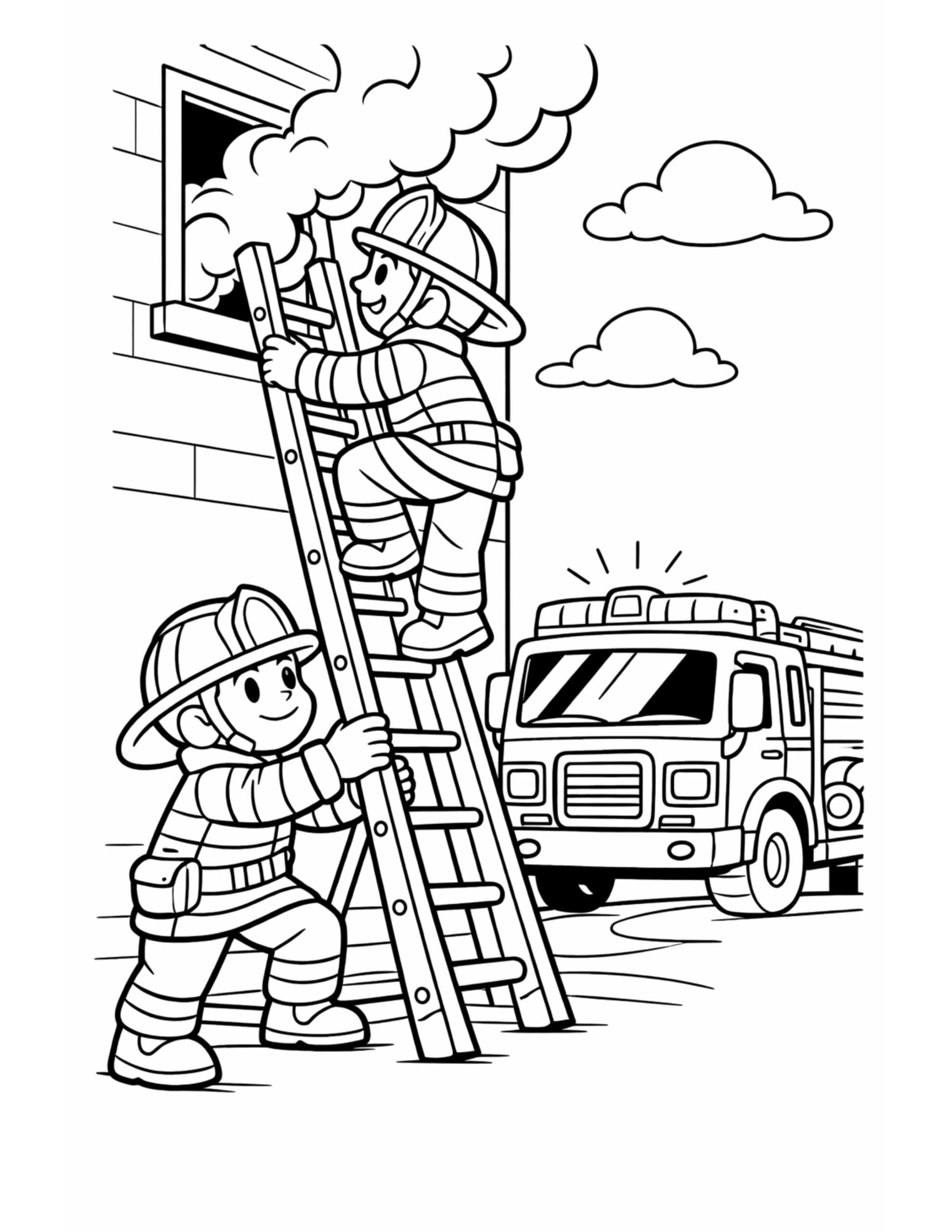 firefighters ladder rescue smoky window coloring page with two firefighters on a ladder at a smoky window, coloring page