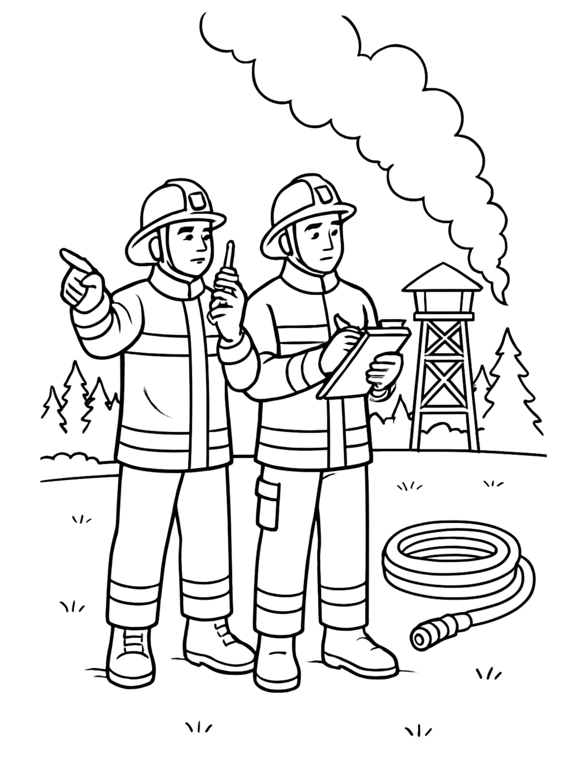 firefighters planning near smoky tower coloring page with two firefighters, radio, clipboard, coiled hose, and smoke coloring page