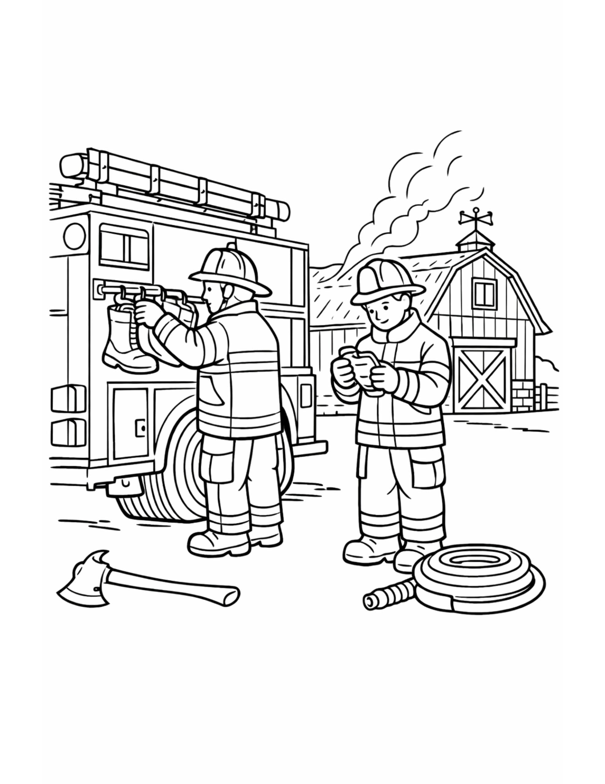 firefighters preparing gear by firetruck coloring page with two firefighters, boots, hose, and a smoky barn coloring page