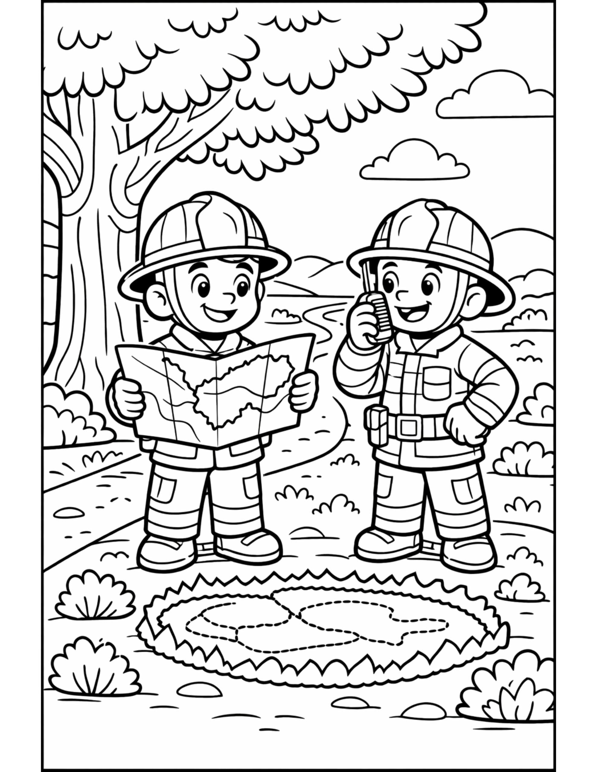 firefighters reading map and radio coloring page with two helmeted firefighters outdoors, map and walkie talkie coloring page