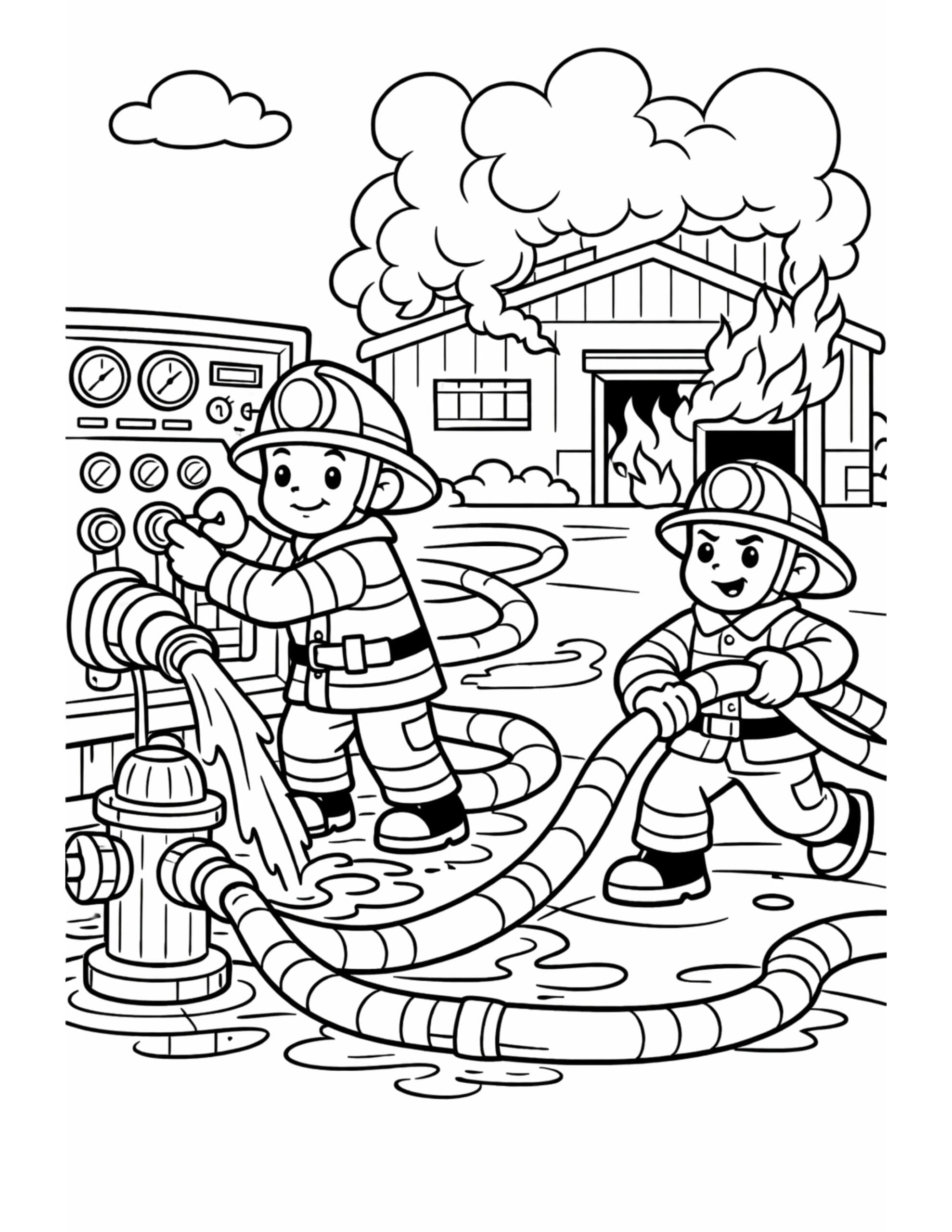 firefighters using hydrant fire scene coloring page with two firefighters, hoses, and burning building coloring page
