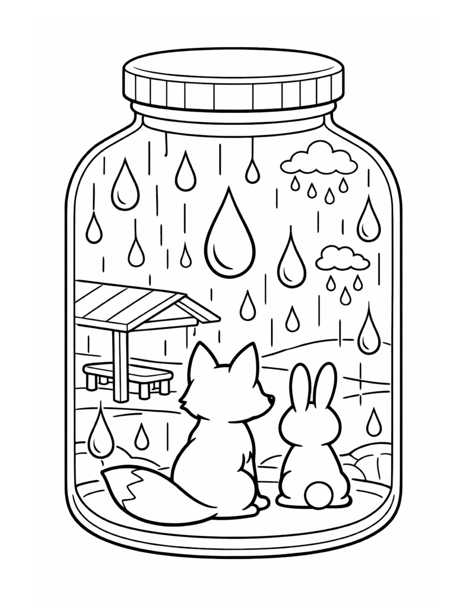 fox and bunny watching rain coloring page inside a glass jar with raindrops, clouds, and a small shelter coloring page