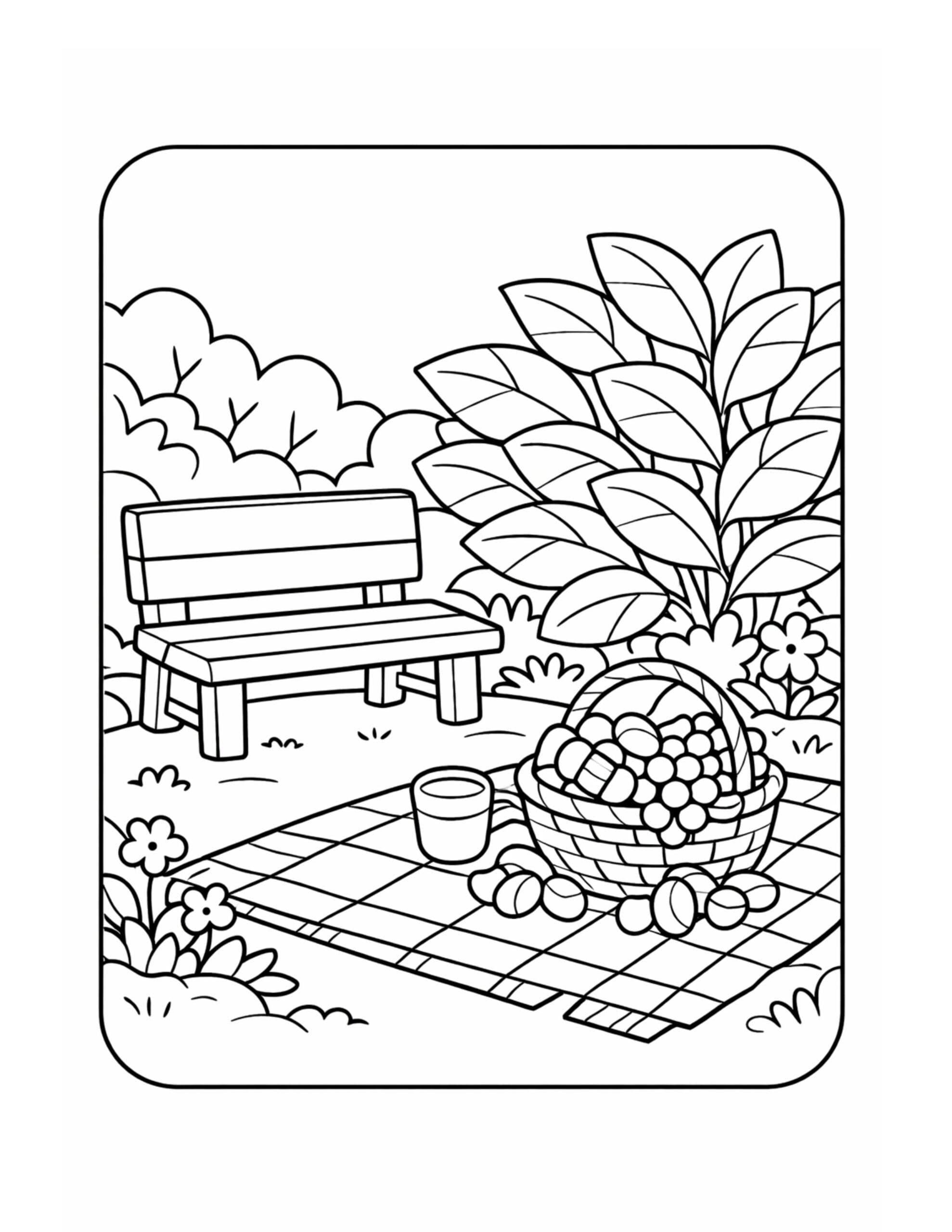 garden picnic basket on blanket coloring page with park bench, leafy bushes, and picnic cup coloring page