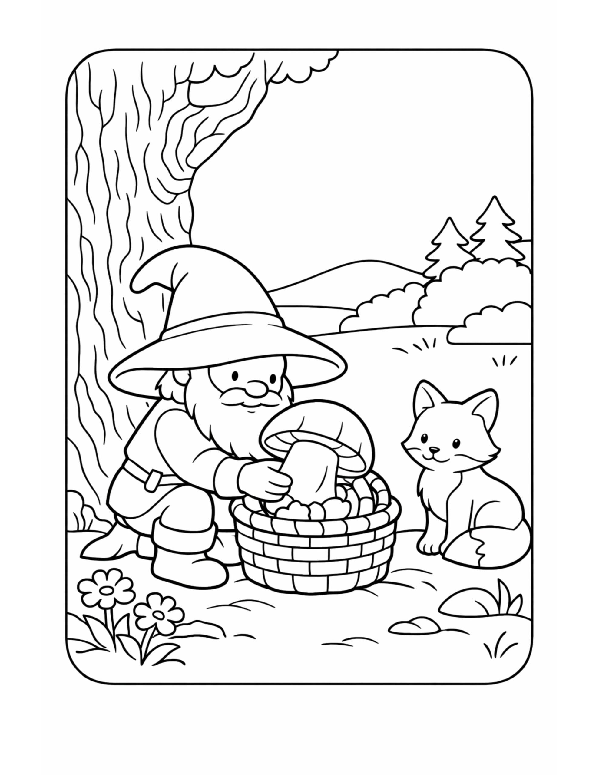 gnome gathering mushrooms with fox coloring page under a big tree with a woven basket of mushrooms coloring page