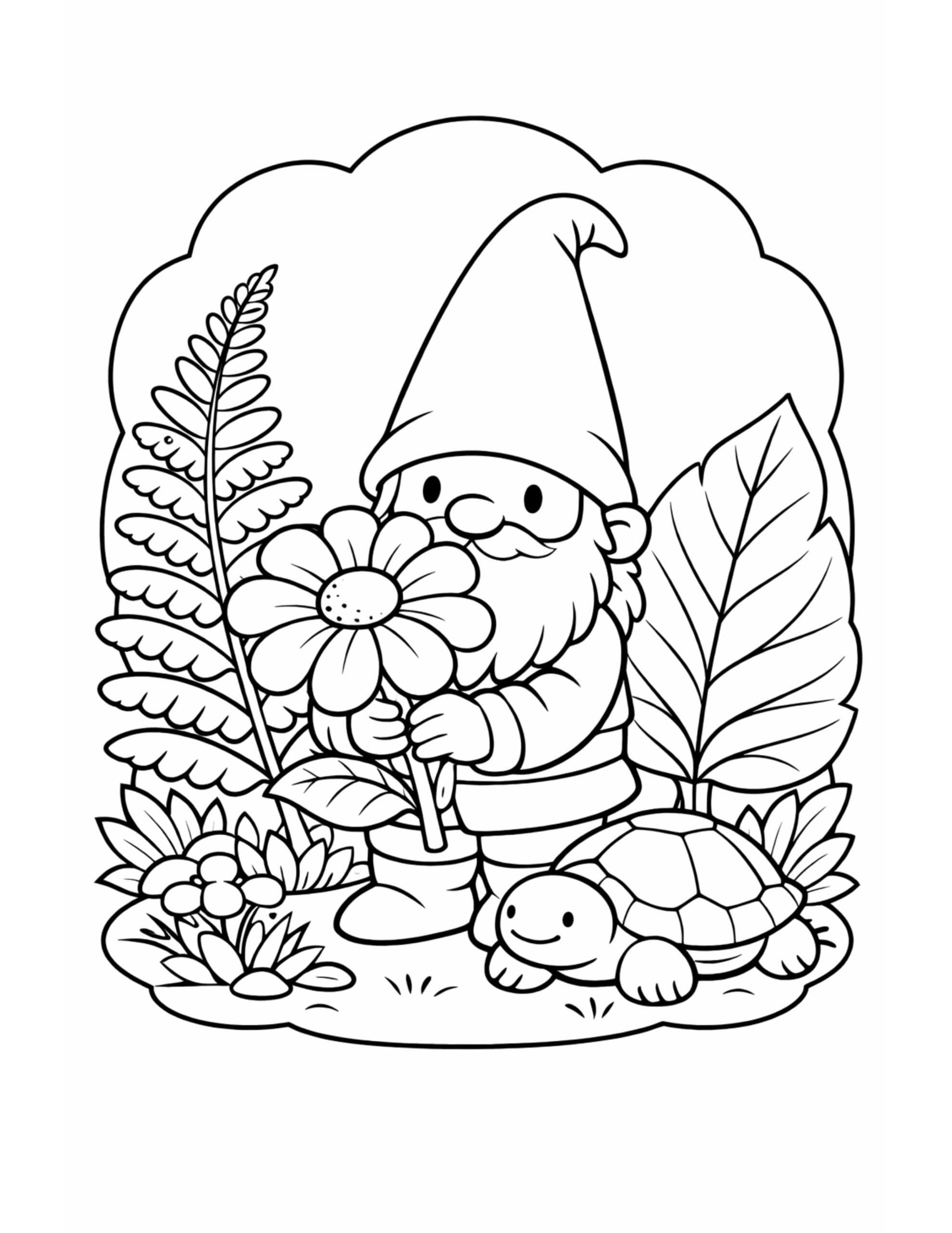 gnome holding flower with turtle coloring page, smiling gnome holding a daisy beside a cute turtle coloring page