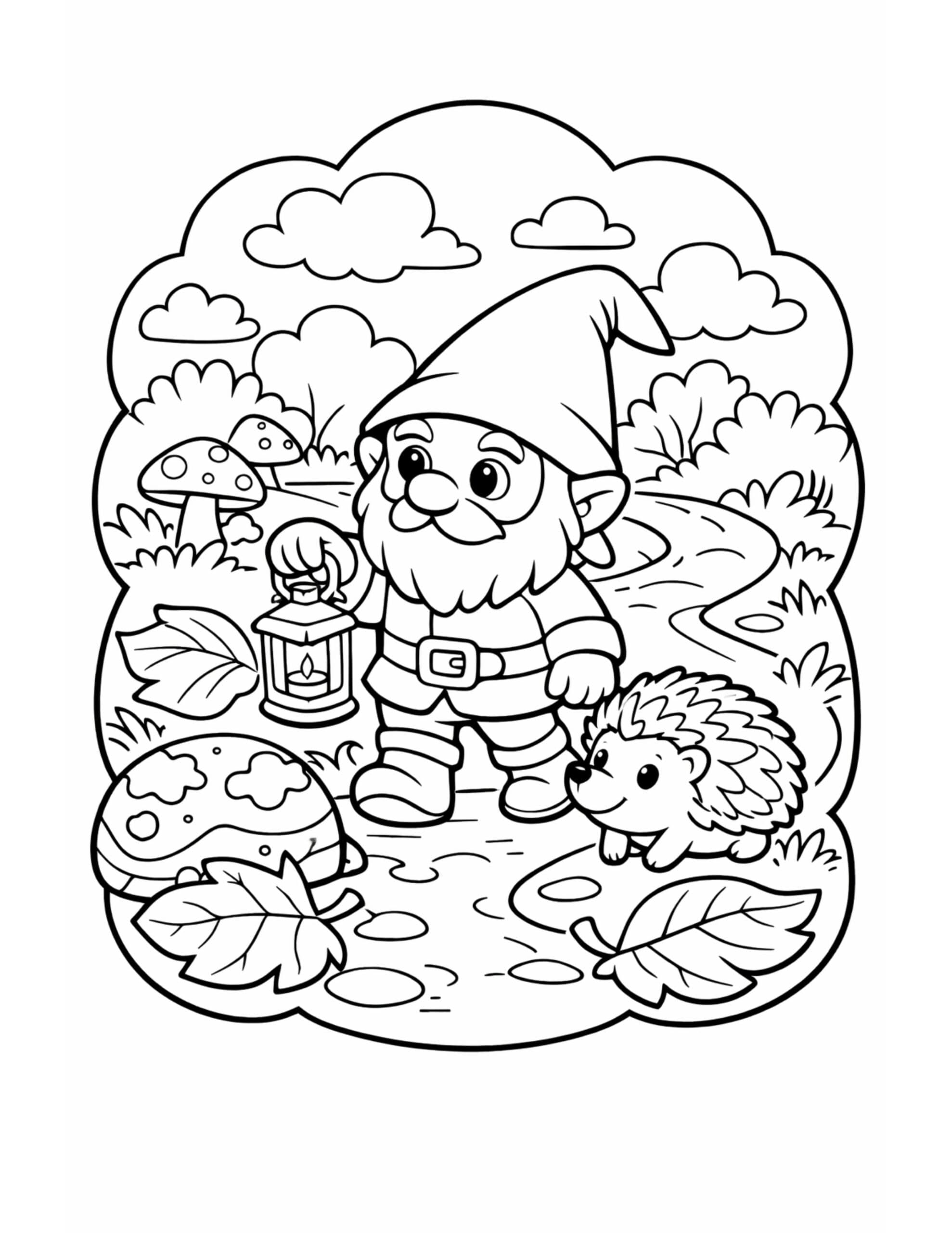 gnome-holding-lantern-with-hedgehog-coloring-page