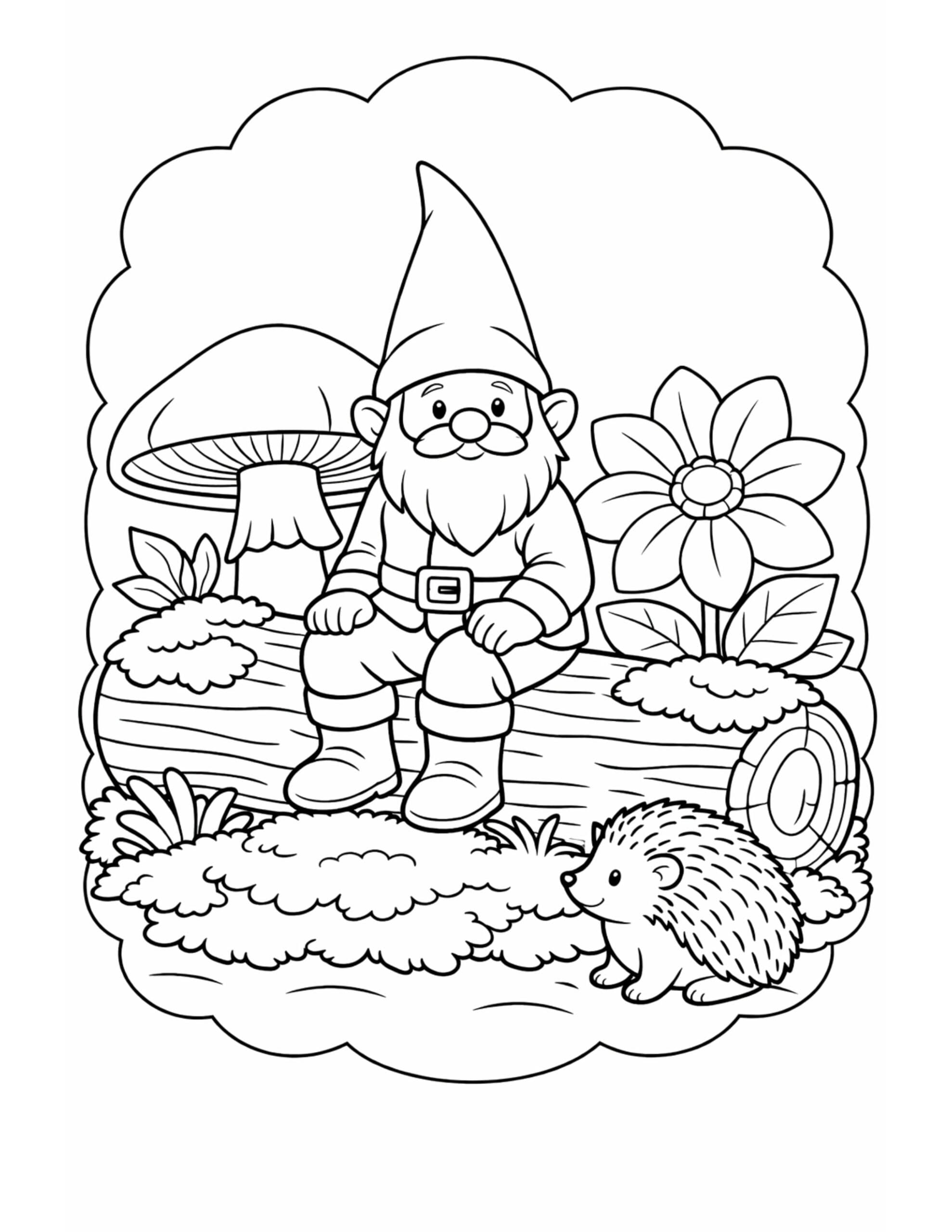 gnome on log with hedgehog coloring page, gnome sitting on a log near a mushroom and large flower coloring page