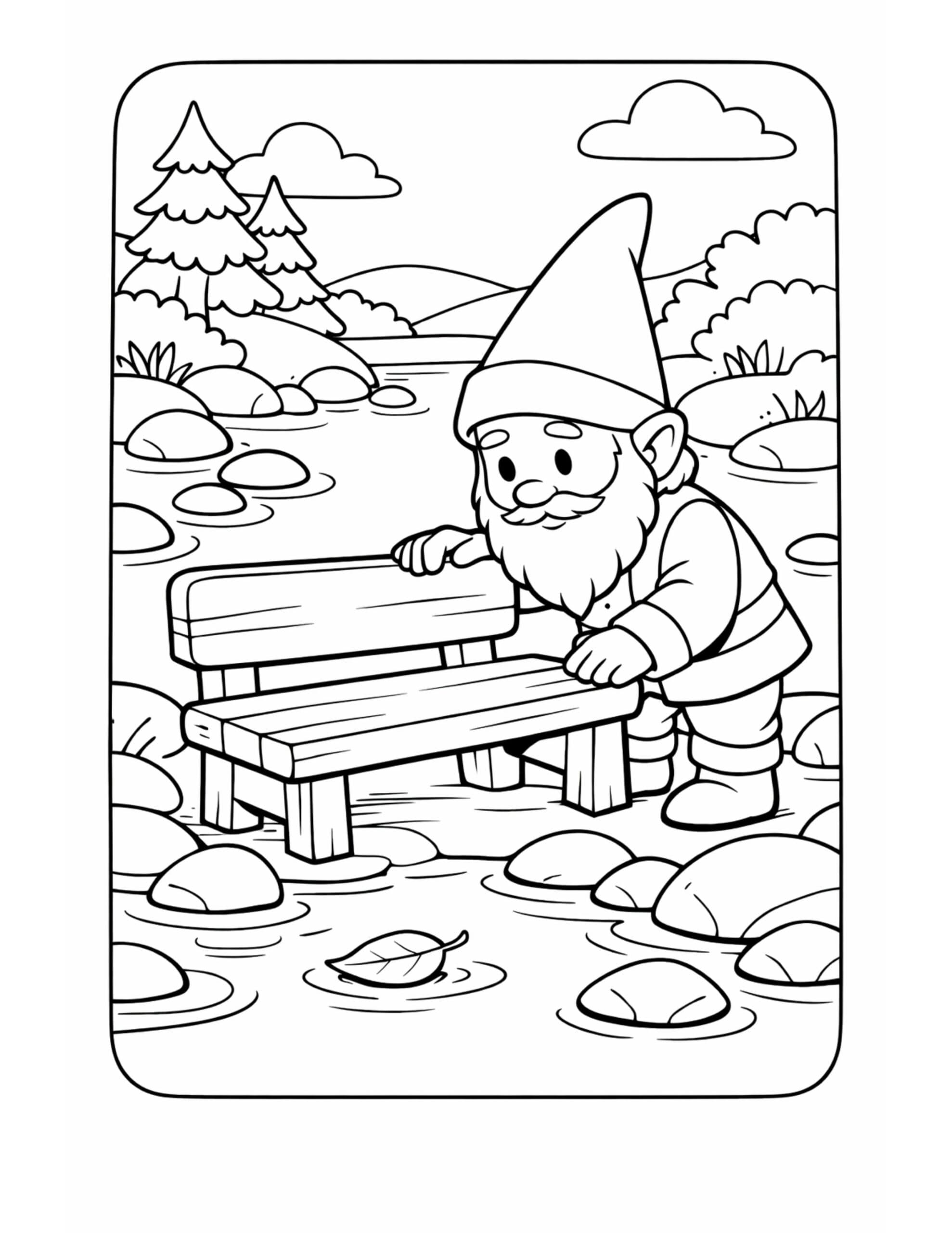 gnome placing bench in river coloring page, gnome setting a wooden bench among river rocks