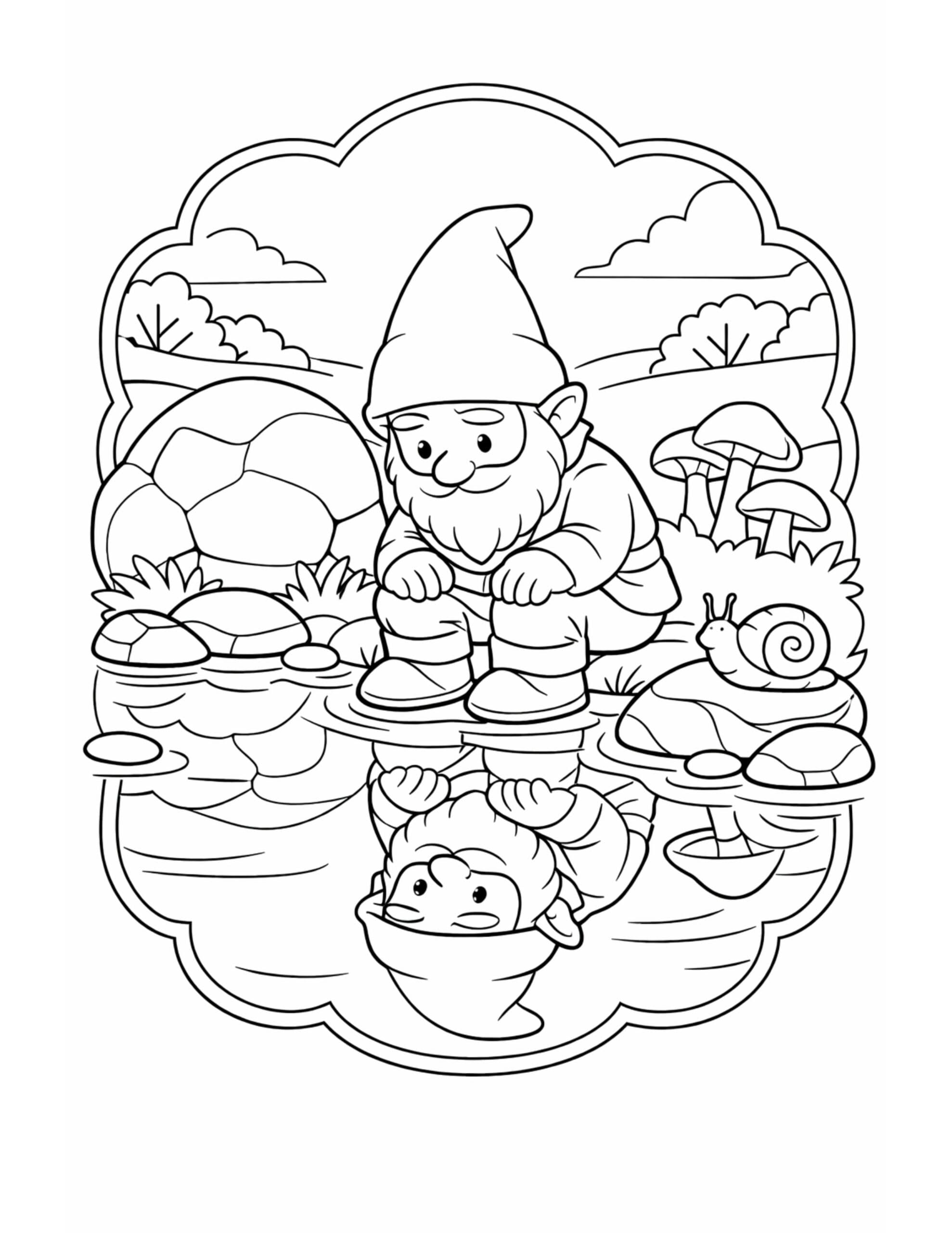 gnome watching his reflection coloring page, crouching gnome by a pond with mushrooms and a snail, line art coloring page
