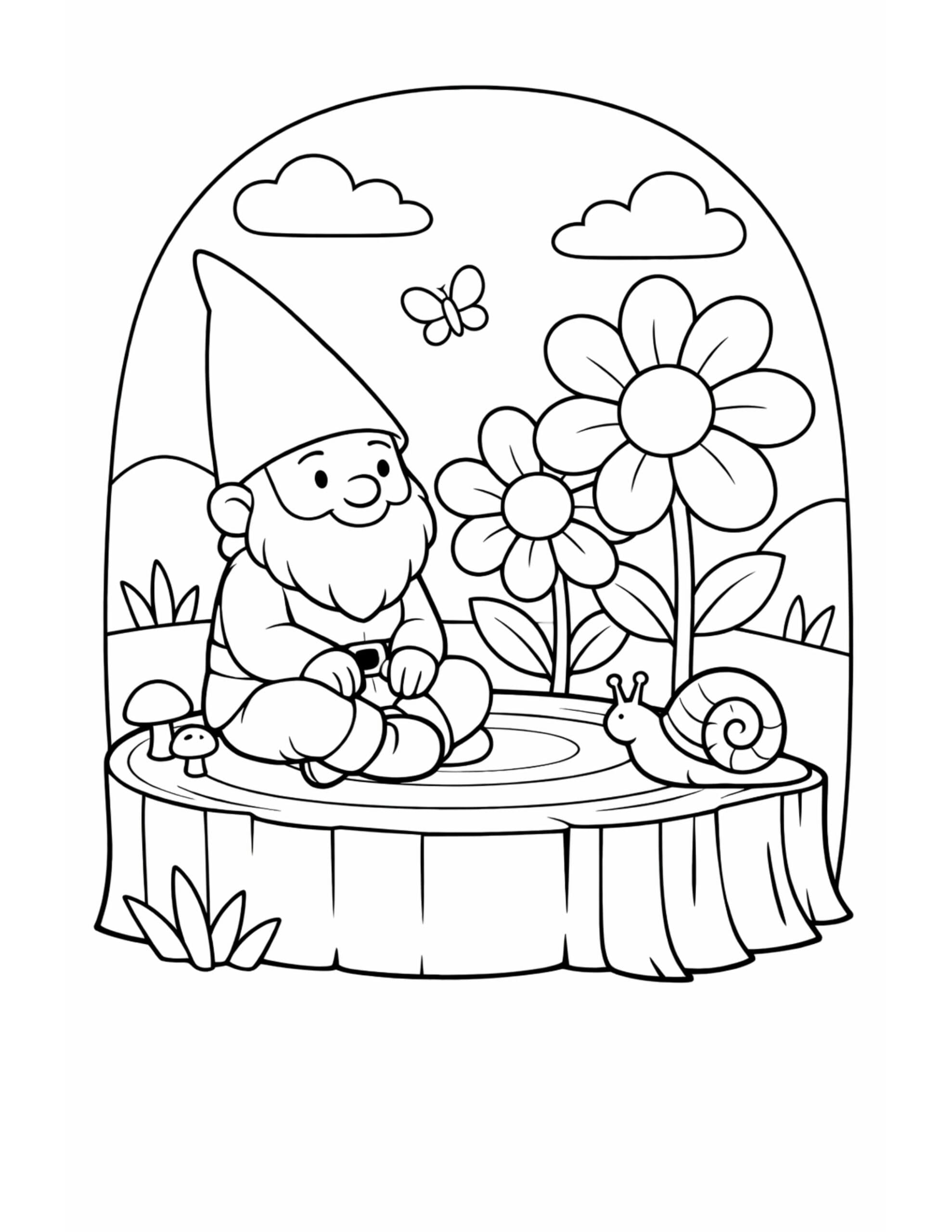 gnome watching snail on stump coloring page, cute gnome on a tree stump with flowers, clouds, and butterfly coloring page