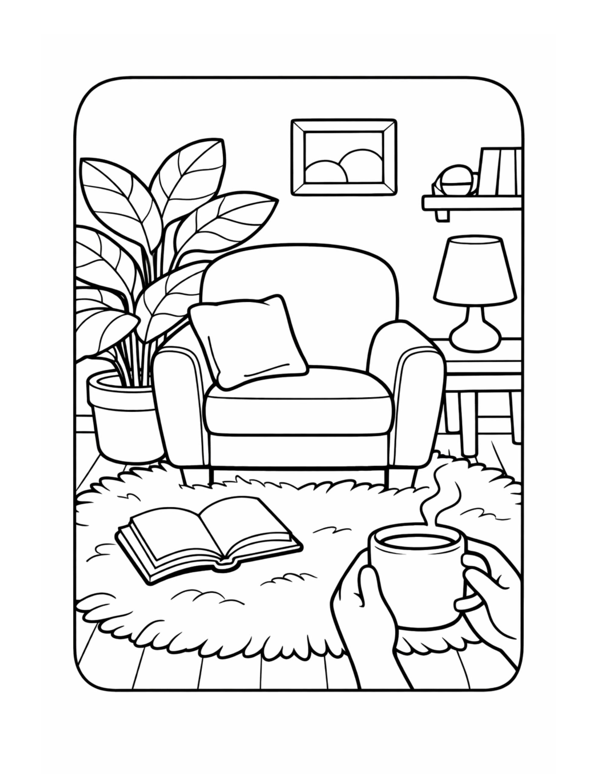 hands holding steaming mug coloring page featuring an armchair, open book on a rug, lamp table, and leafy plant coloring page