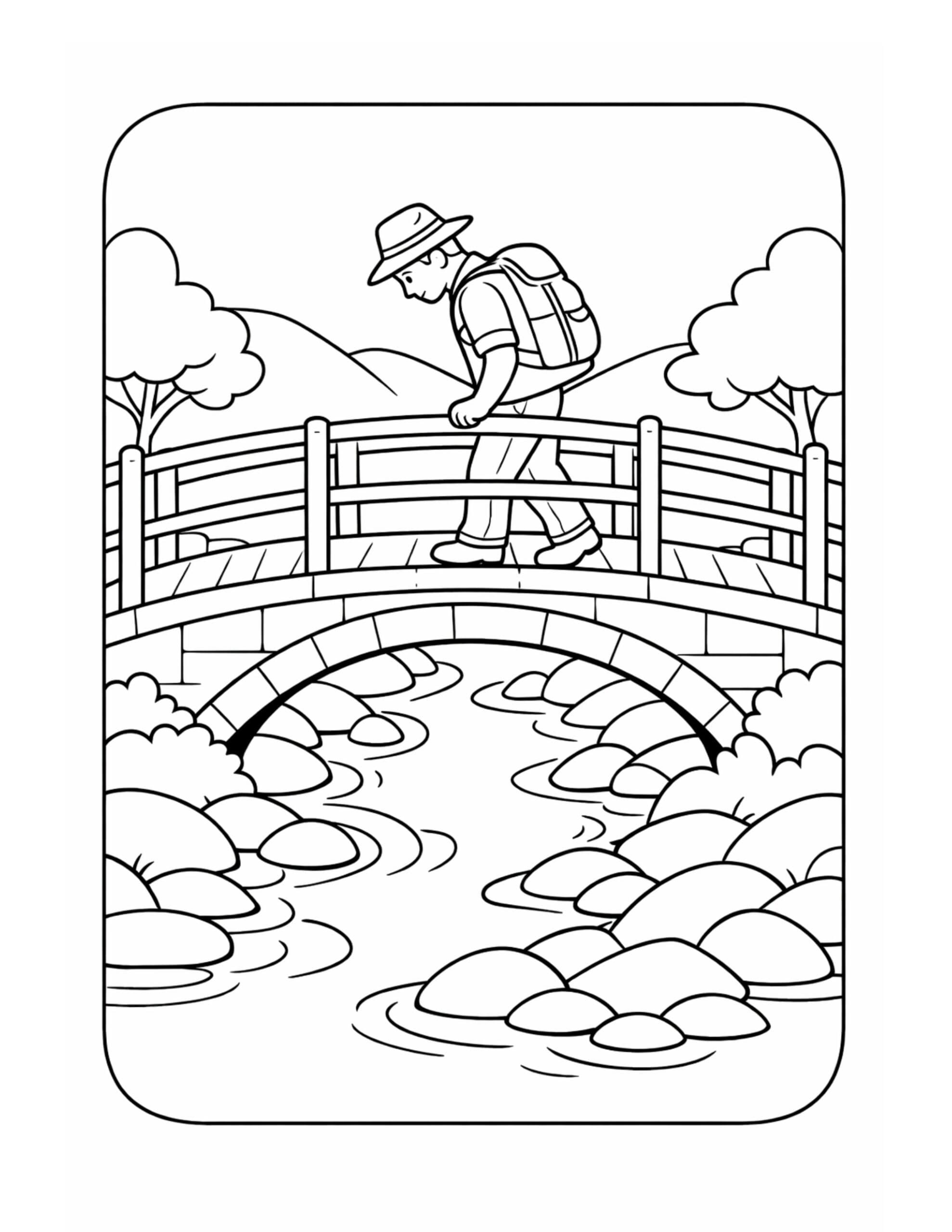 hiker crossing stone bridge coloring page featuring a backpacker on an arched bridge above a rocky stream coloring page