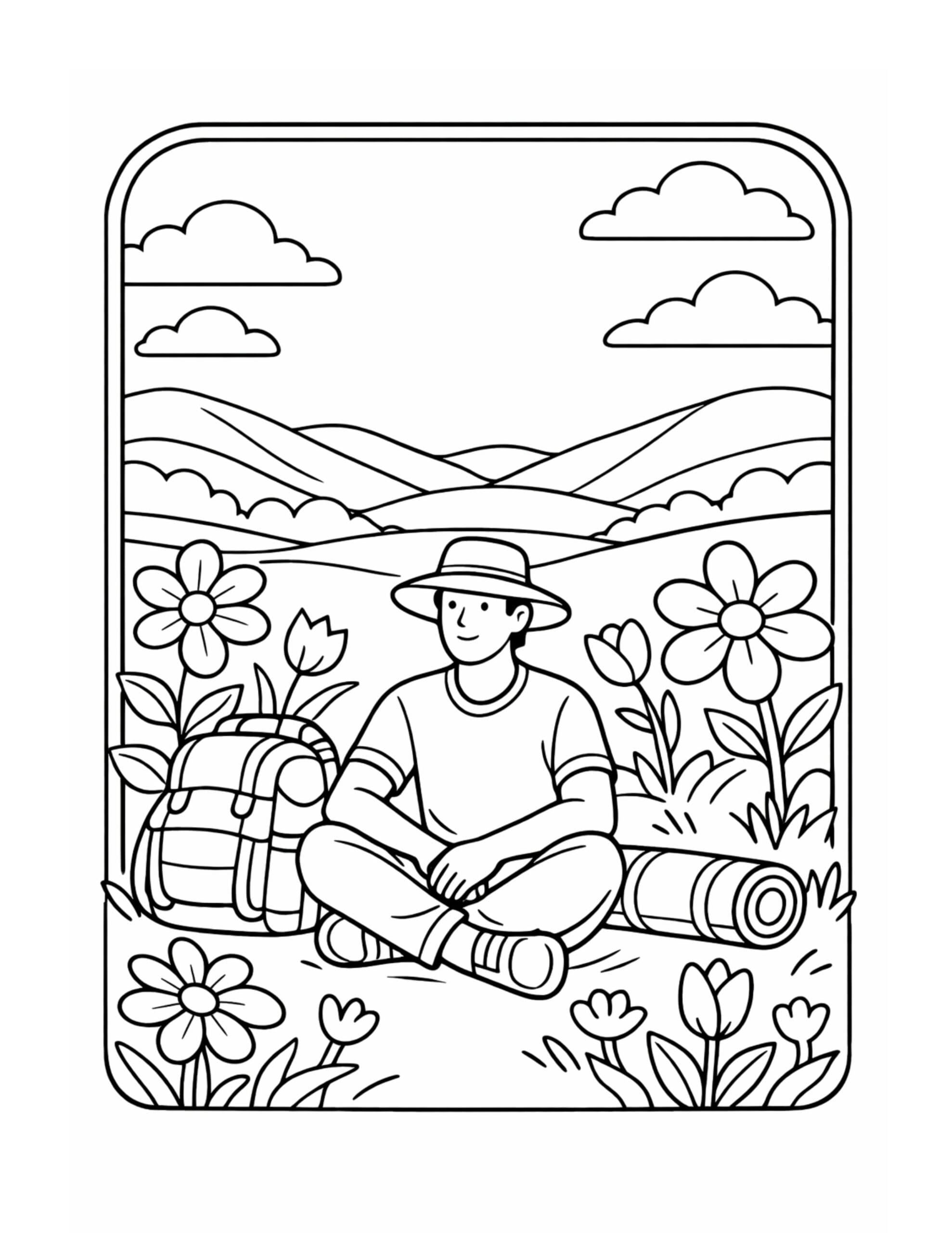 hiker sitting in wildflower meadow coloring page with backpack, rolled sleeping mat, and large flowers coloring page